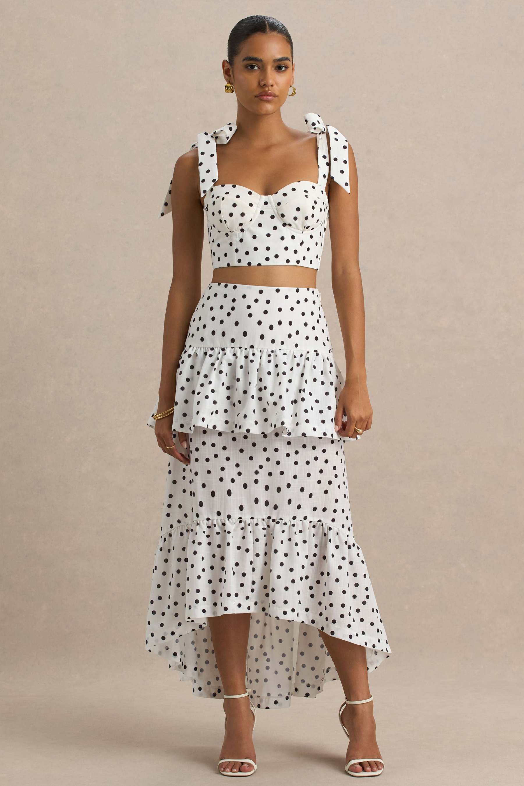 Emry | White Polka Dot High-Waist Maxi Skirt With Ruffle Detail