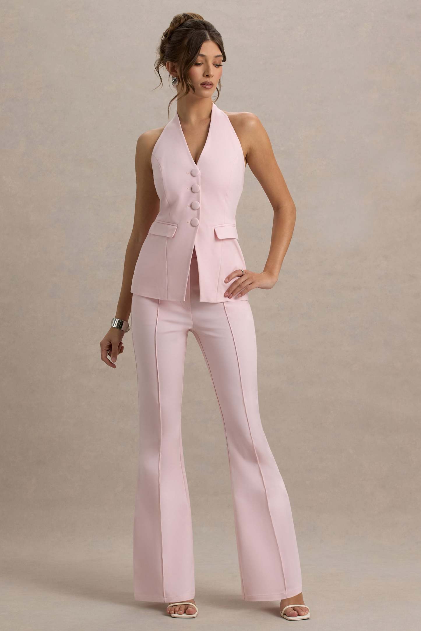 Carina | Pink Flared-Leg Tailored Trousers