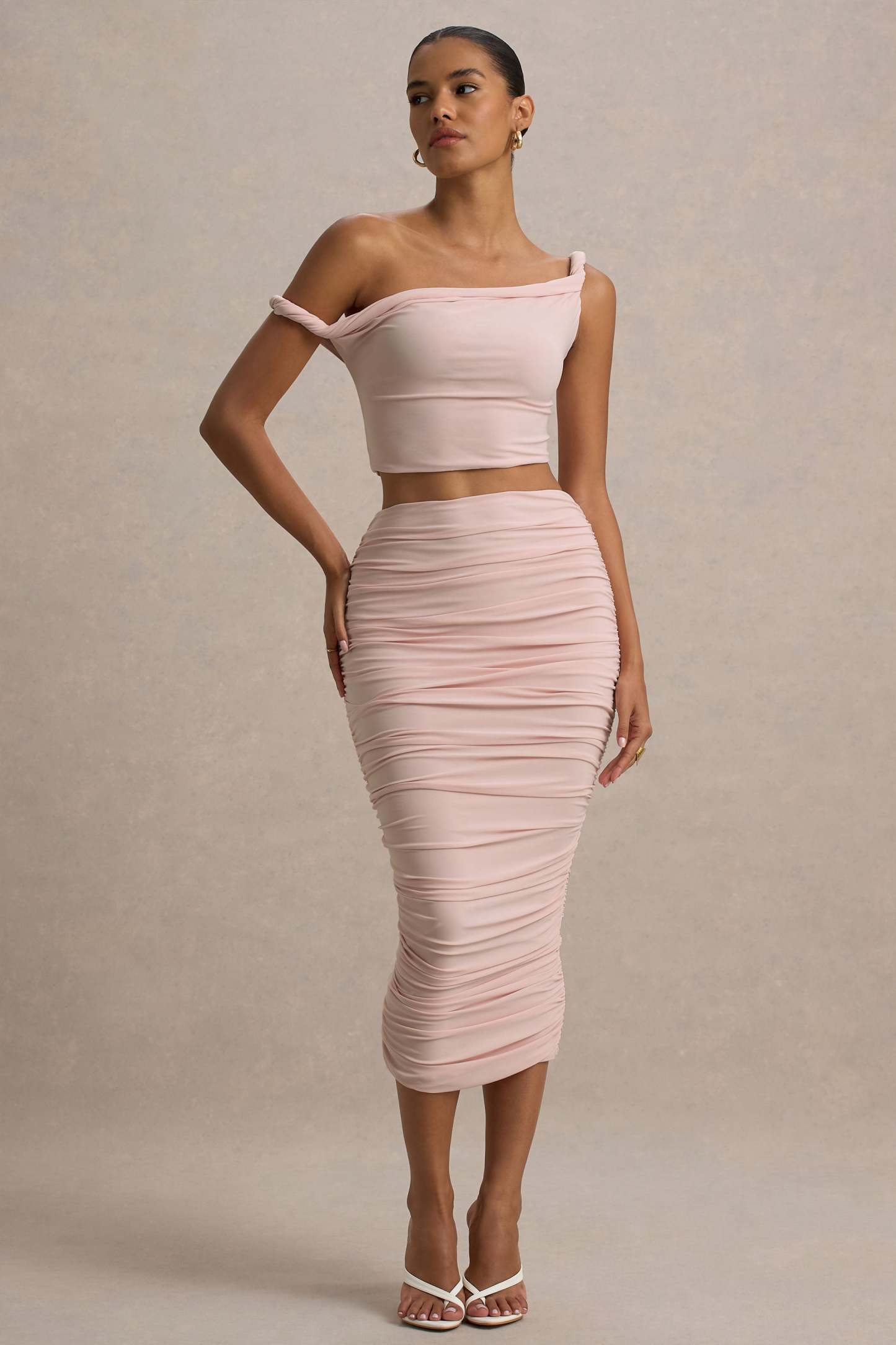Lively | Light Pink Ruched Midi Skirt