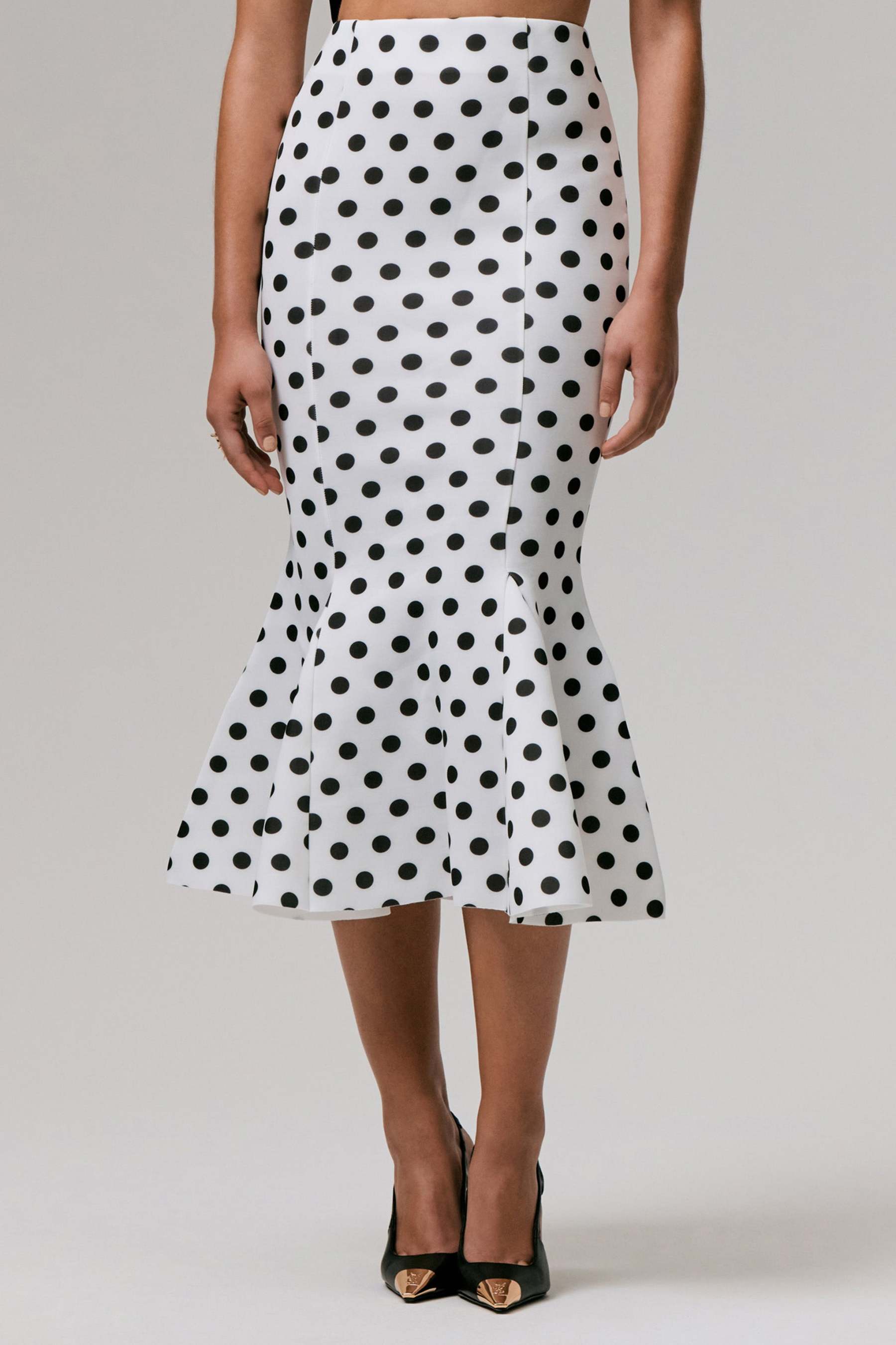 Amadea | Black & White Polka Dot Fishtail Midi Skirt
