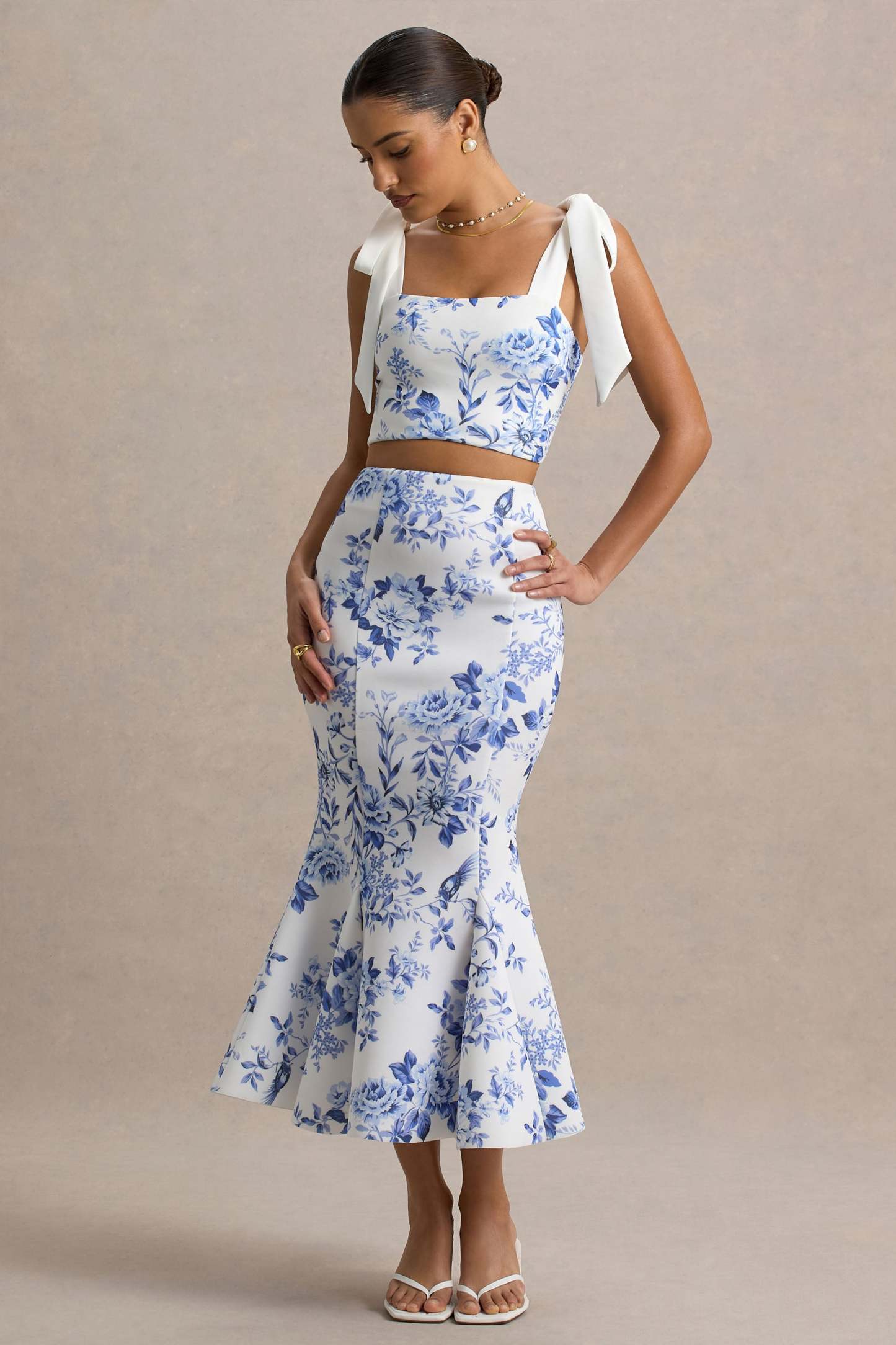 Amadea | Blue Porcelain Print Fishtail Midi Skirt