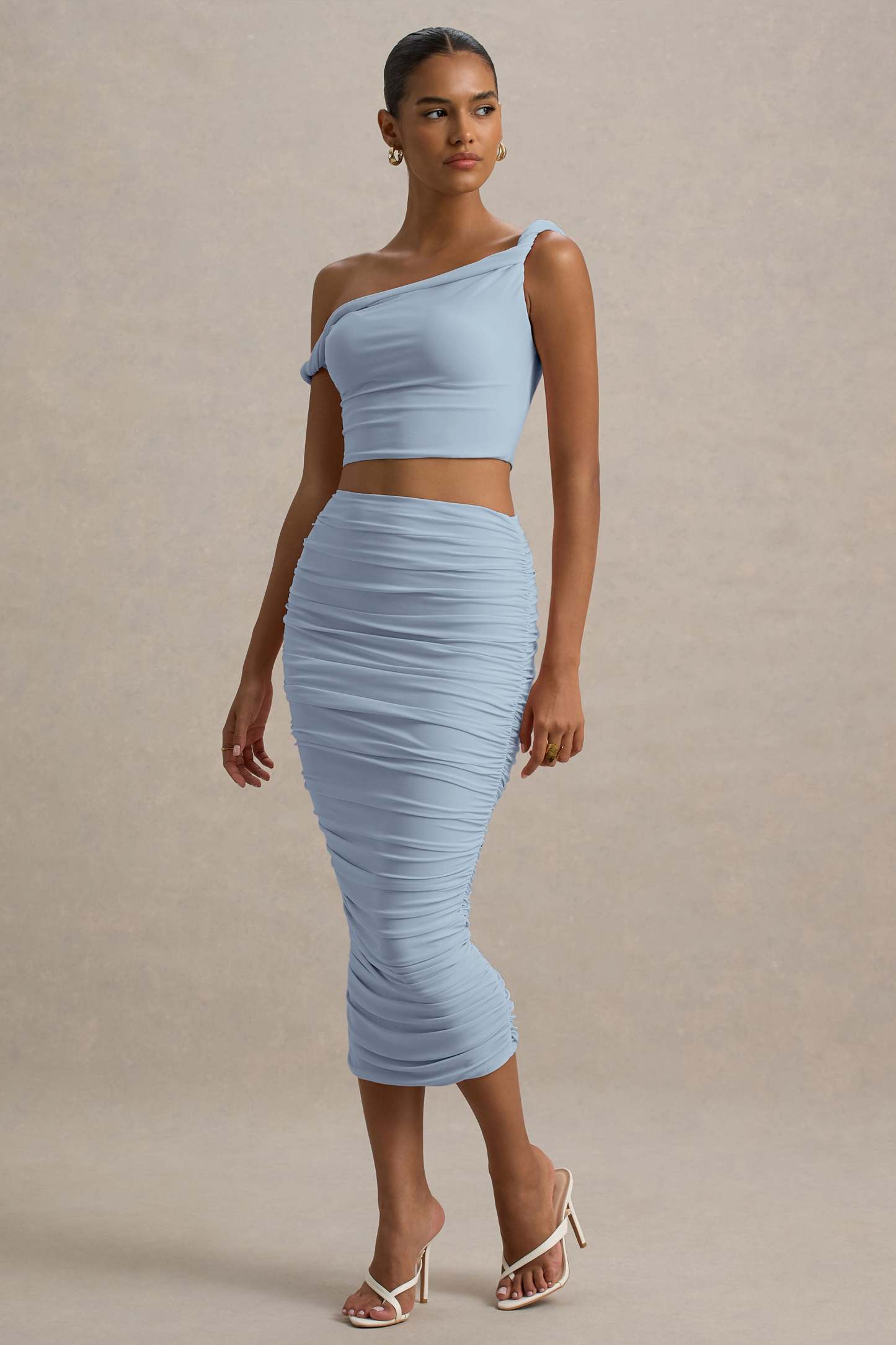 Lively | Powder Blue Ruched Midi Skirt