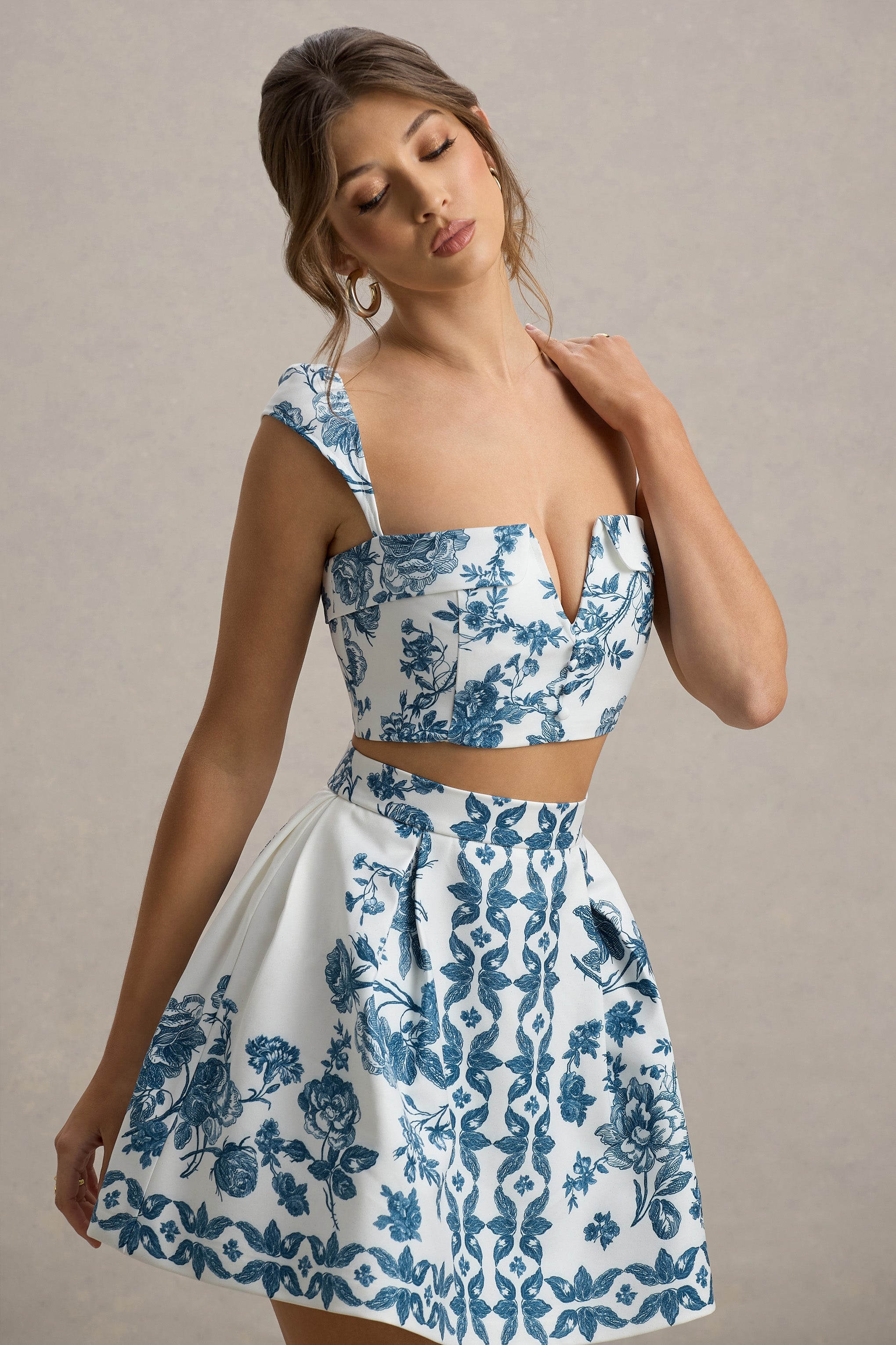  Blue Porcelain Print Skater Mini Skirt