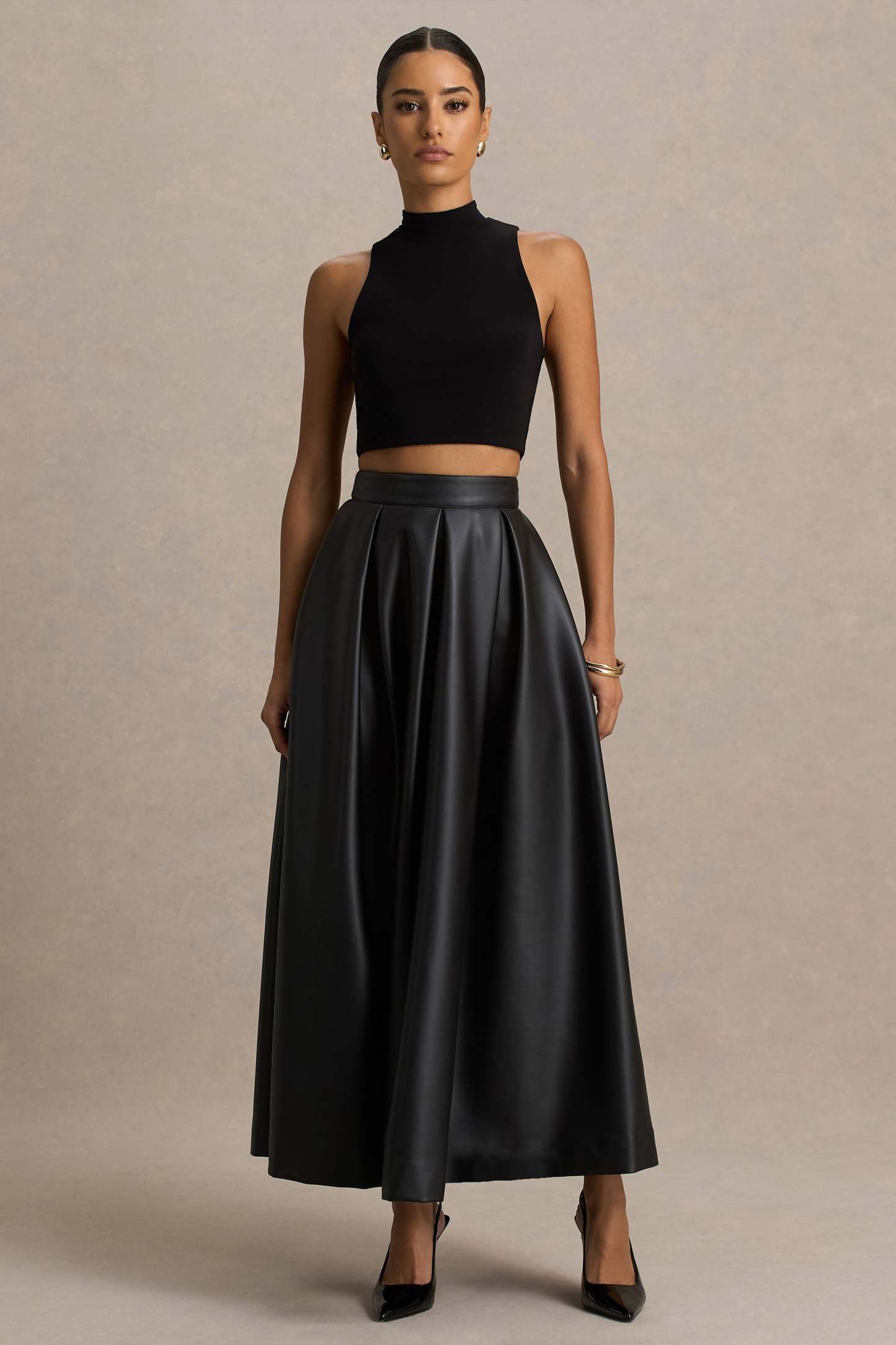 Noa | Black Faux Leather A-Line Midi Skirt