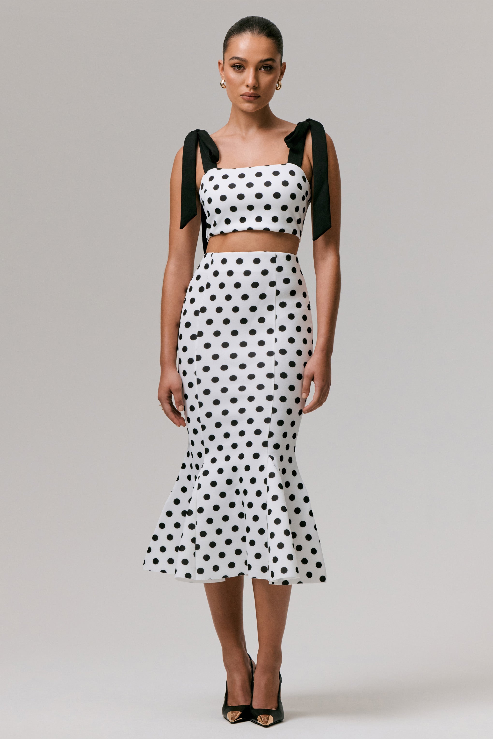 Amadea | Black & White Polka Dot Fishtail Midi Skirt