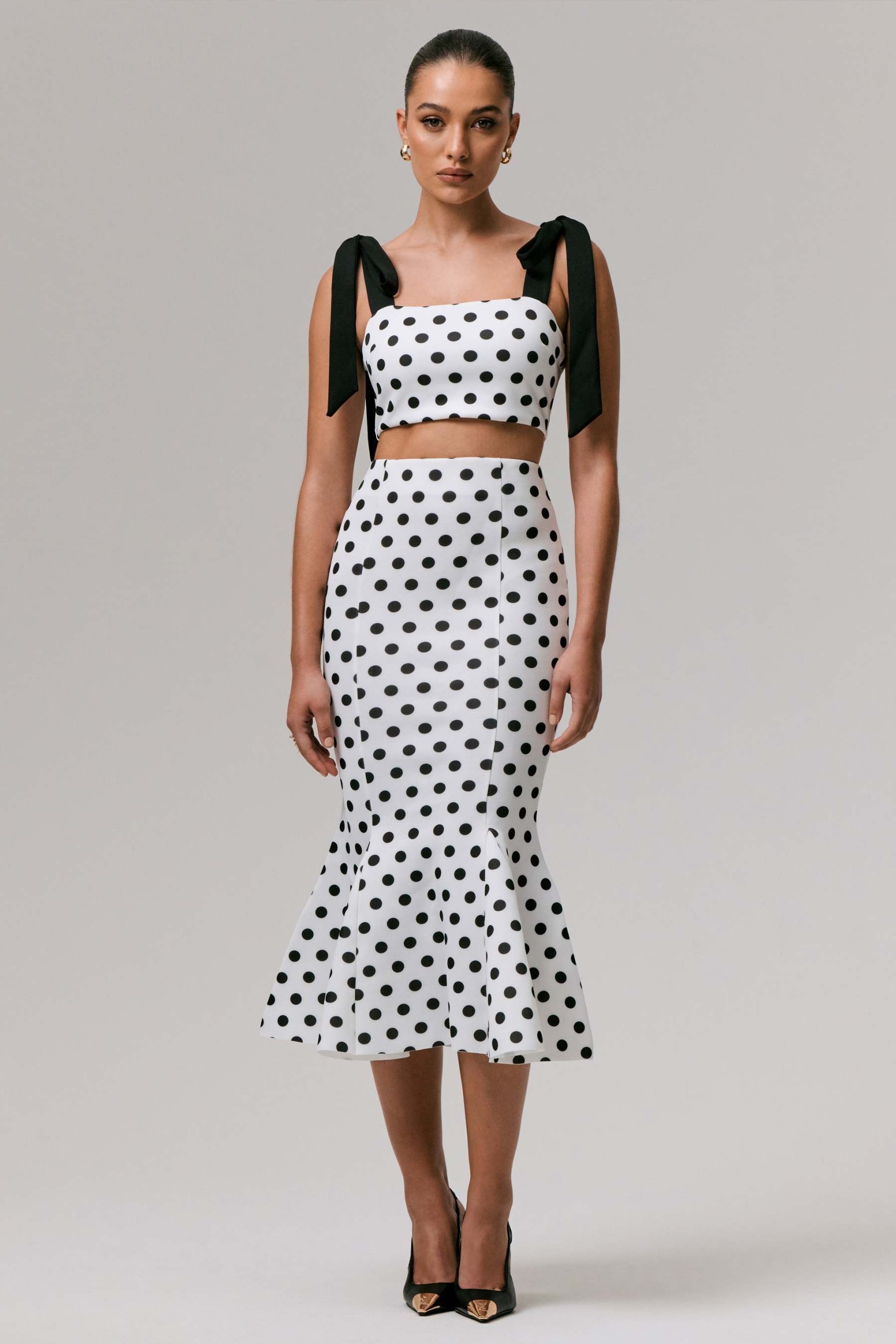 Amadea | Black & White Polka Dot Fishtail Midi Skirt