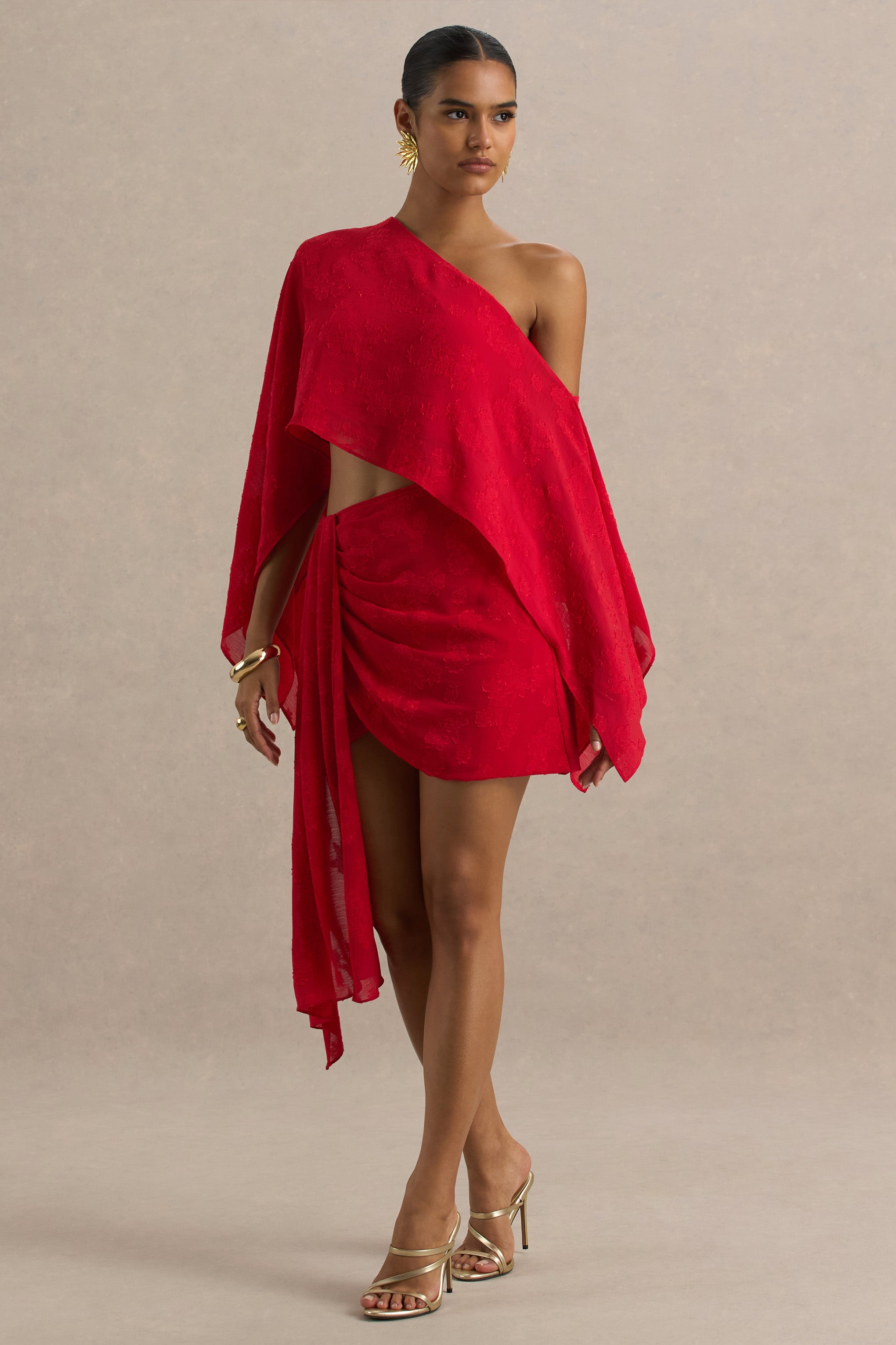  Red Satin Devore Wrap Mini Skirt With Sash Detail