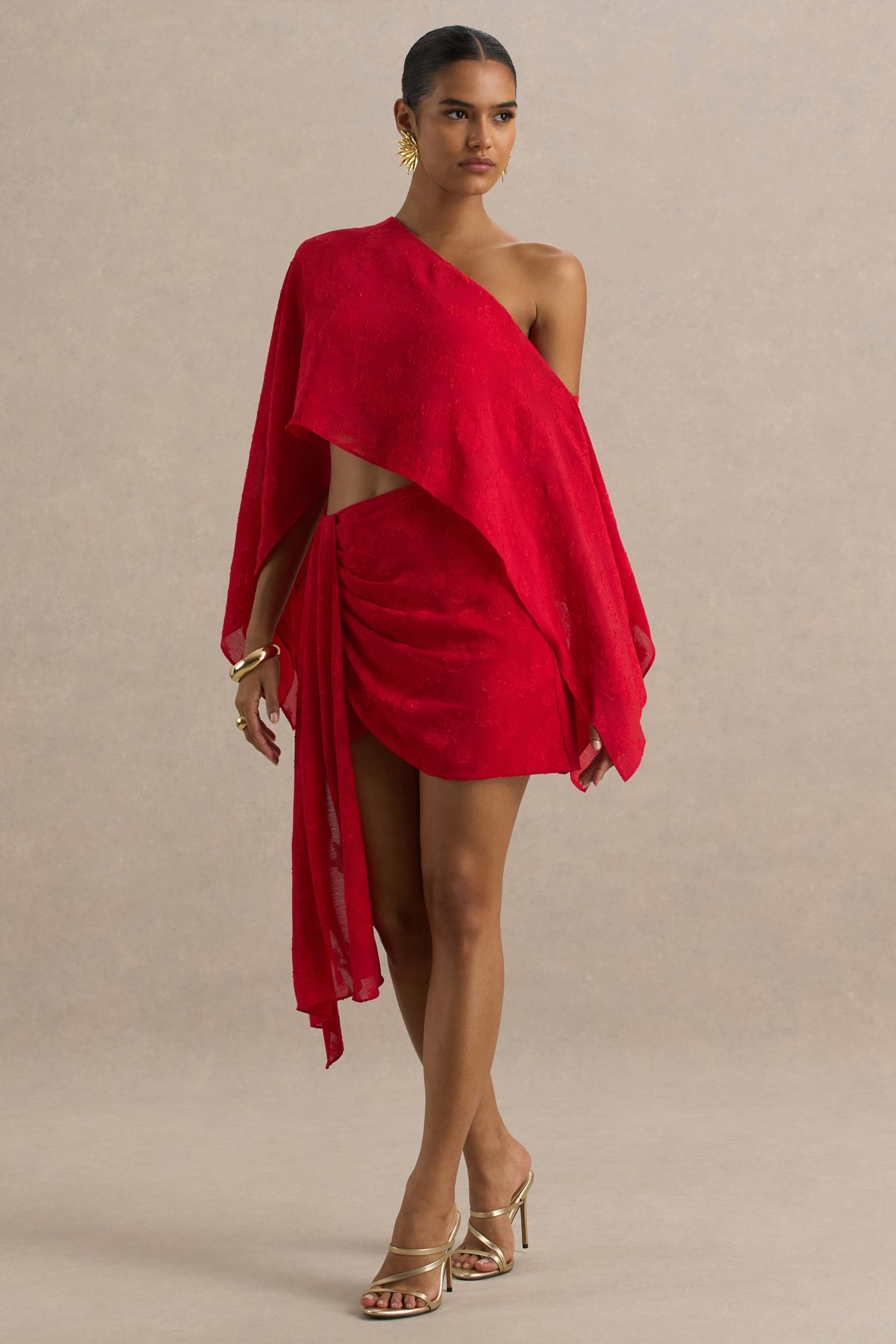  Red Satin Devore Wrap Mini Skirt With Sash Detail