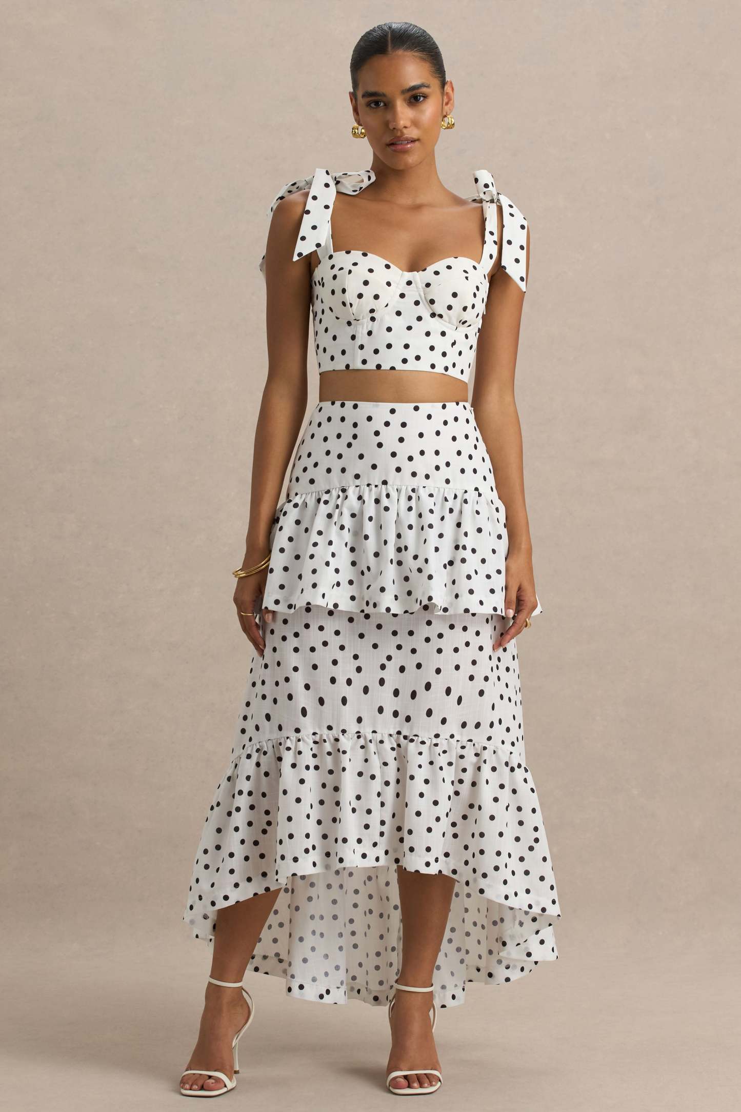 Emry | White Polka Dot High-Waist Maxi Skirt With Ruffle Detail