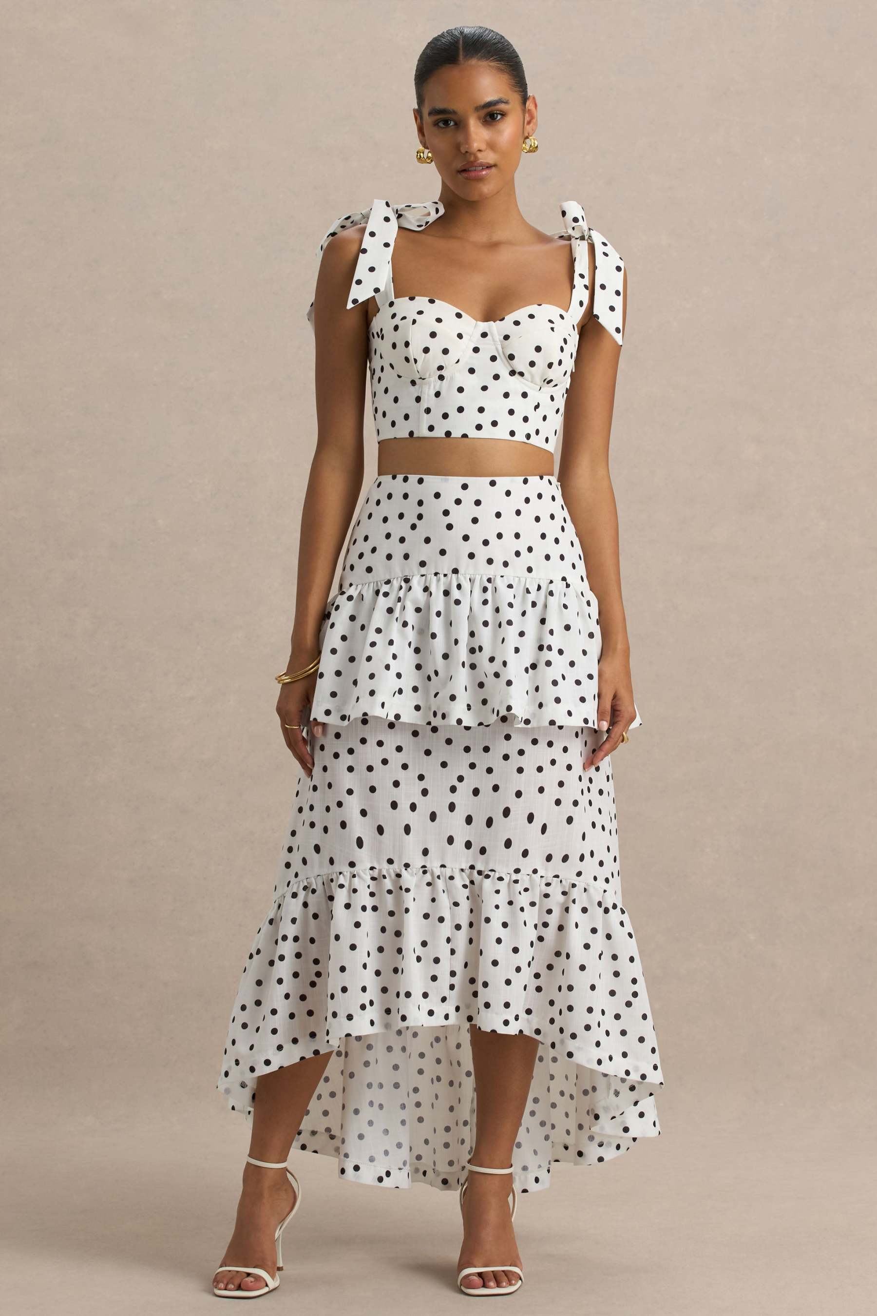 Emry | White Polka Dot High-Waist Maxi Skirt With Ruffle Detail