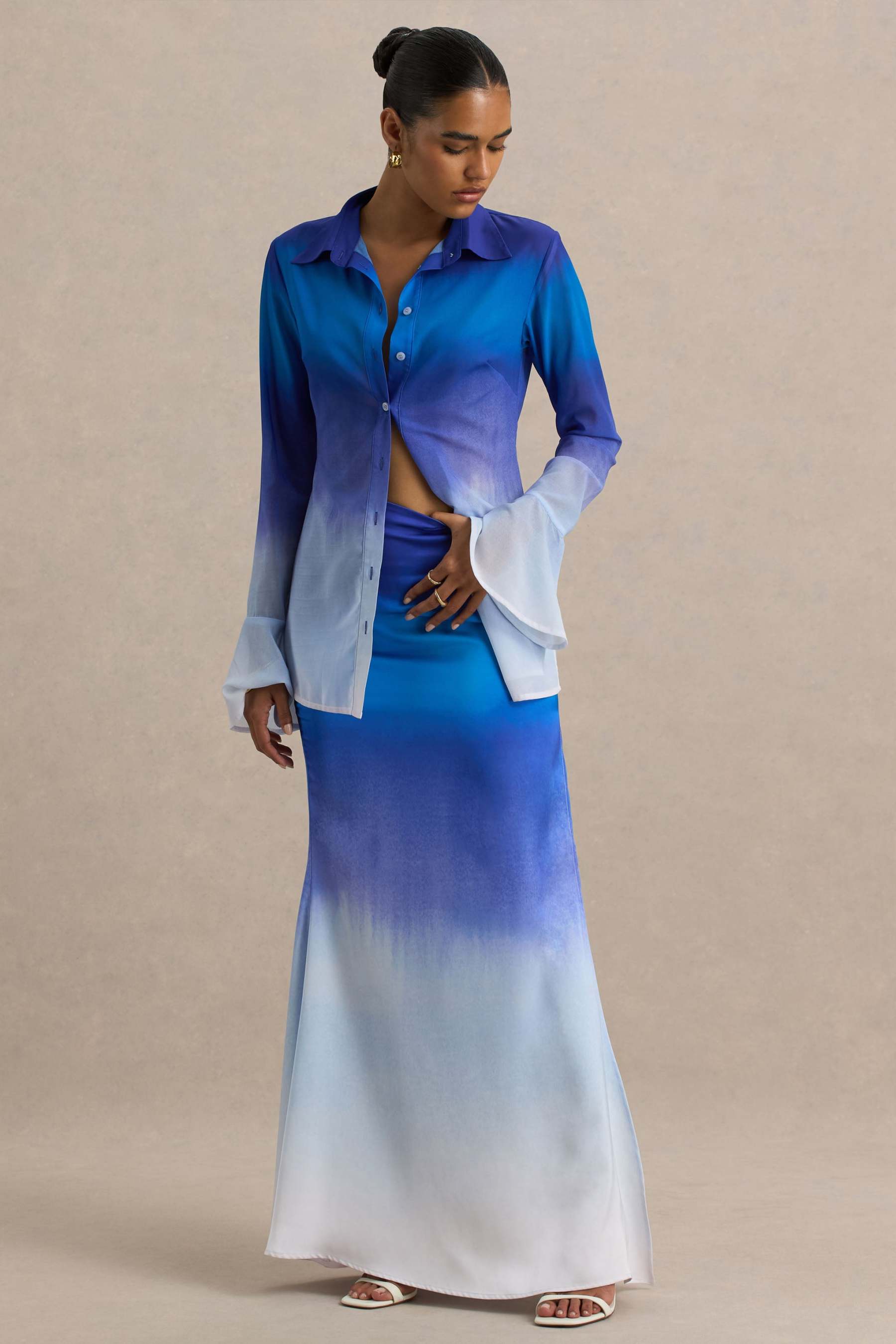 Serita | Blue Ombre Satin Split Maxi Skirt