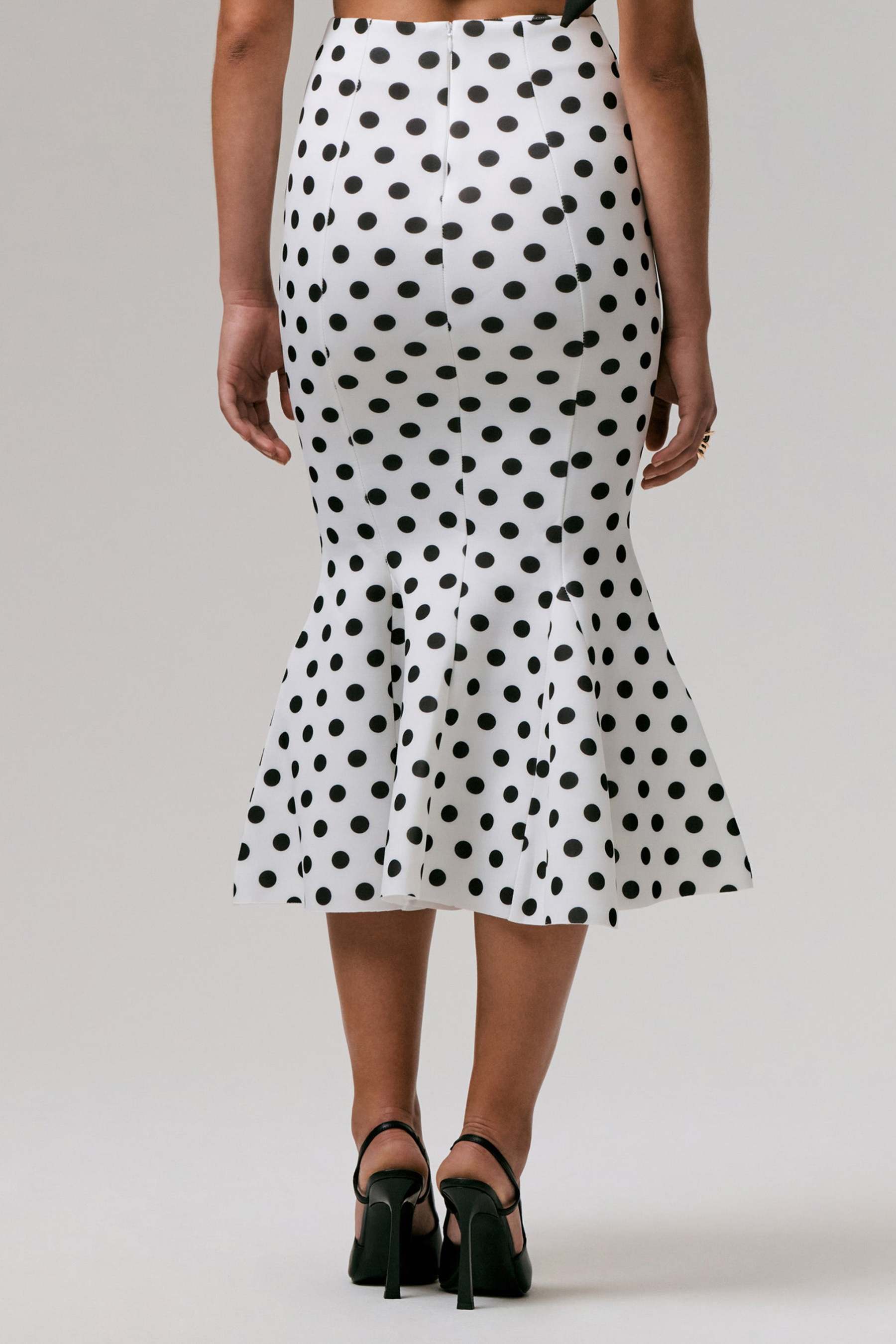 Amadea | Black & White Polka Dot Fishtail Midi Skirt