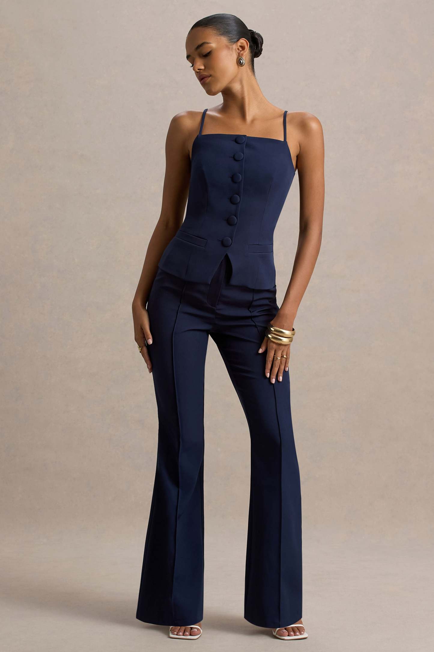 Jada | Navy Tailored Flared-Leg Trousers
