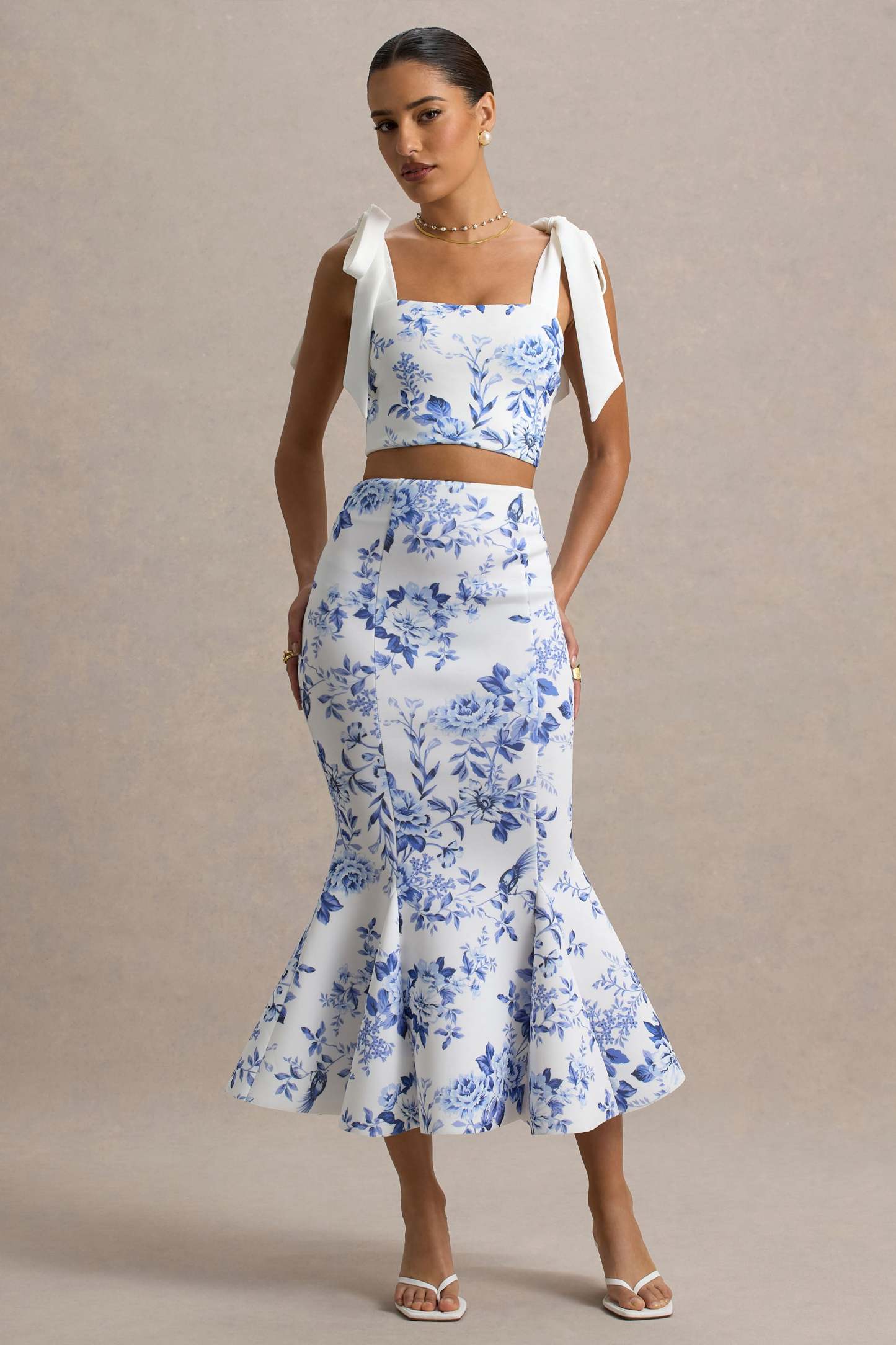 Amadea | Blue Porcelain Print Fishtail Midi Skirt