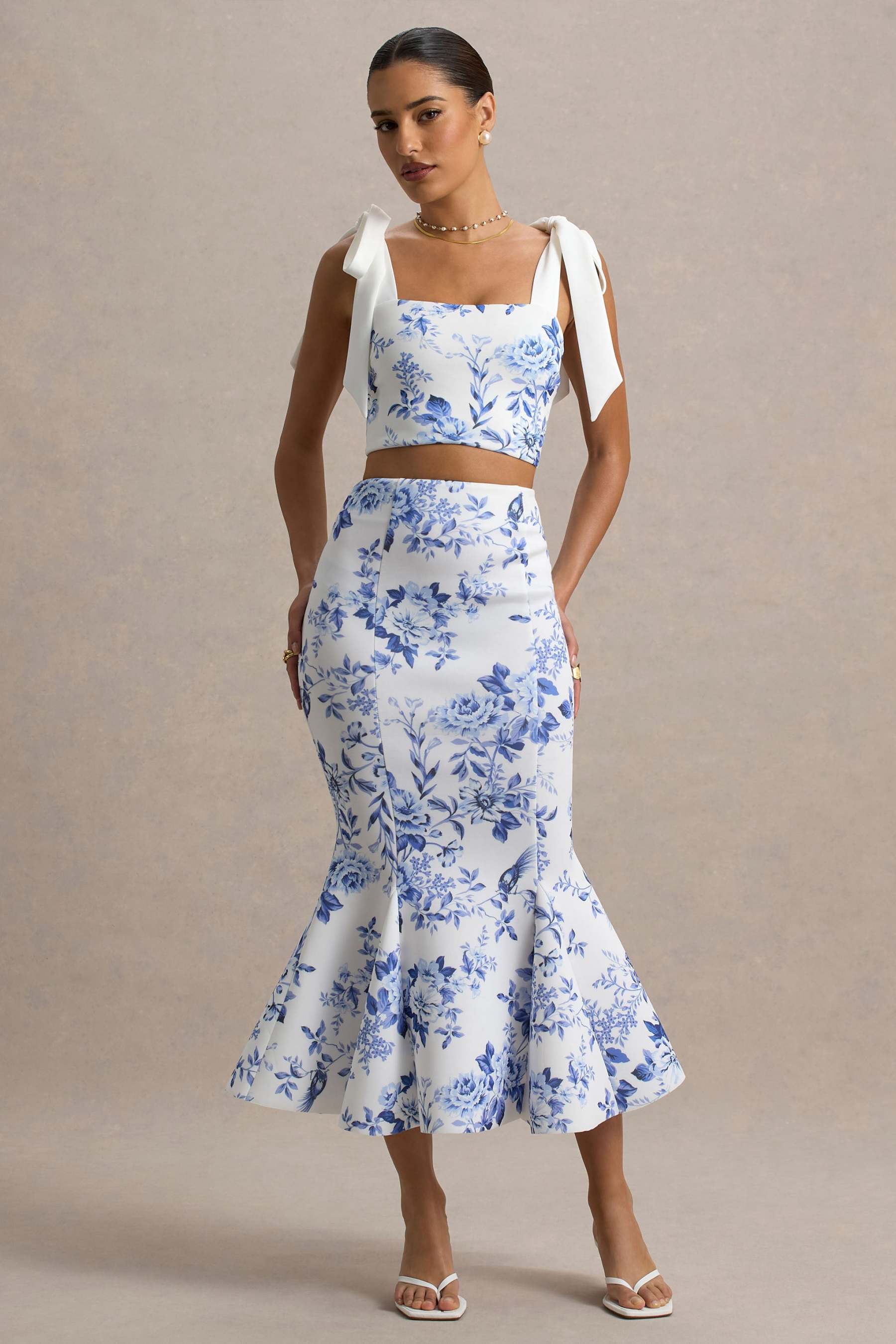 Amadea | Blue Porcelain Print Fishtail Midi Skirt