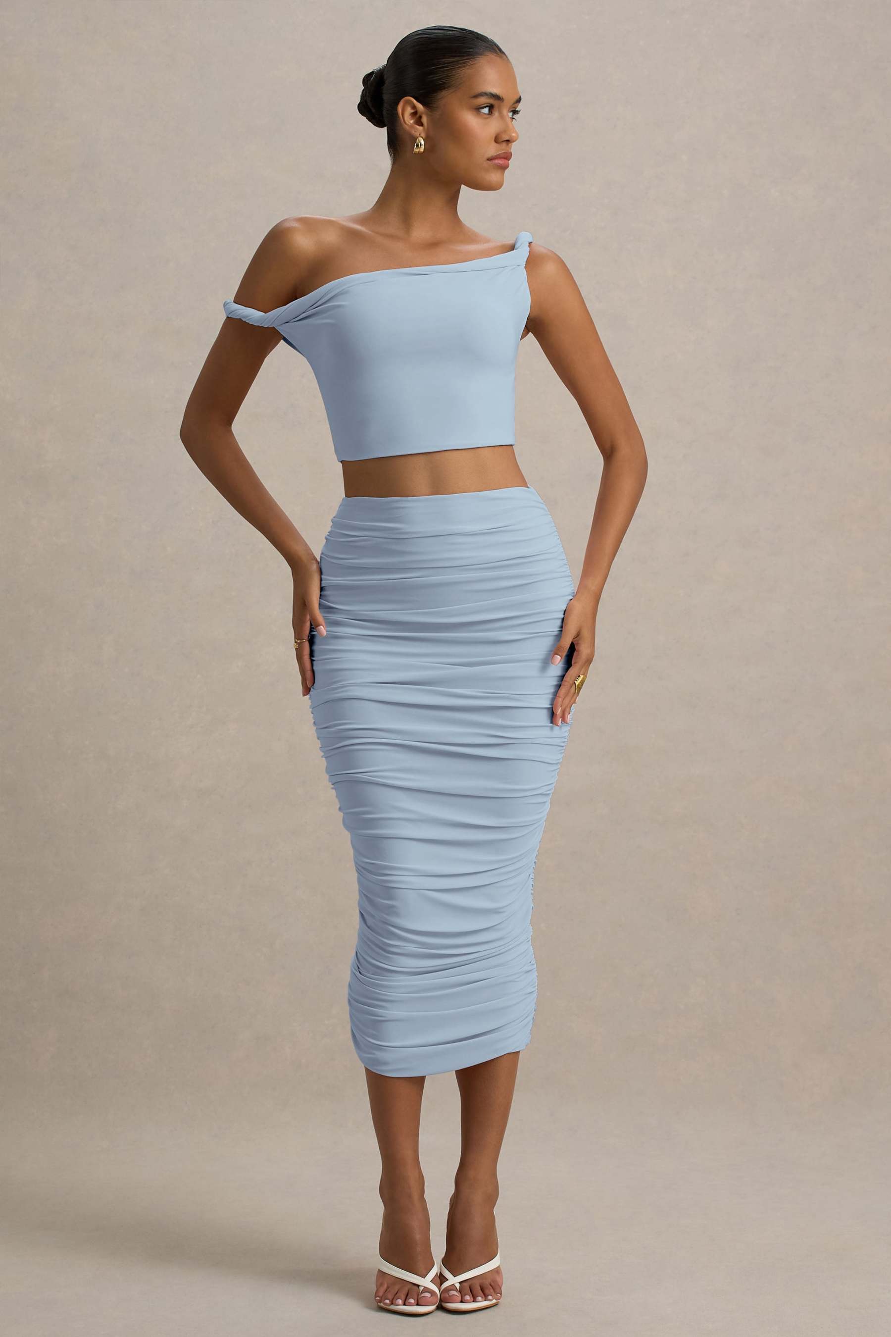 Lively | Powder Blue Ruched Midi Skirt