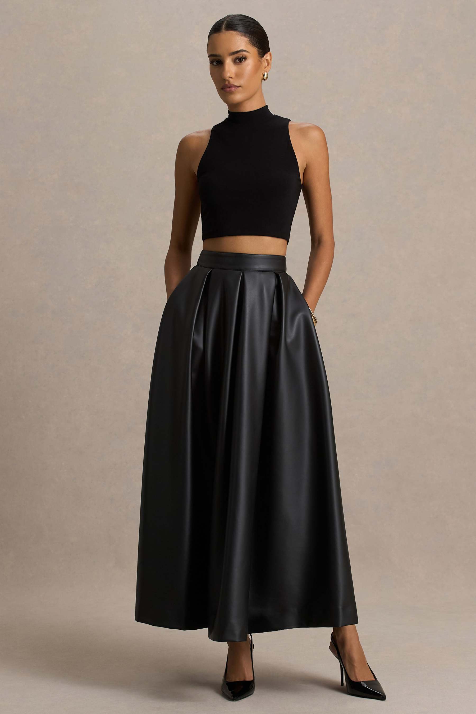 Noa | Black Faux Leather A-Line Midi Skirt