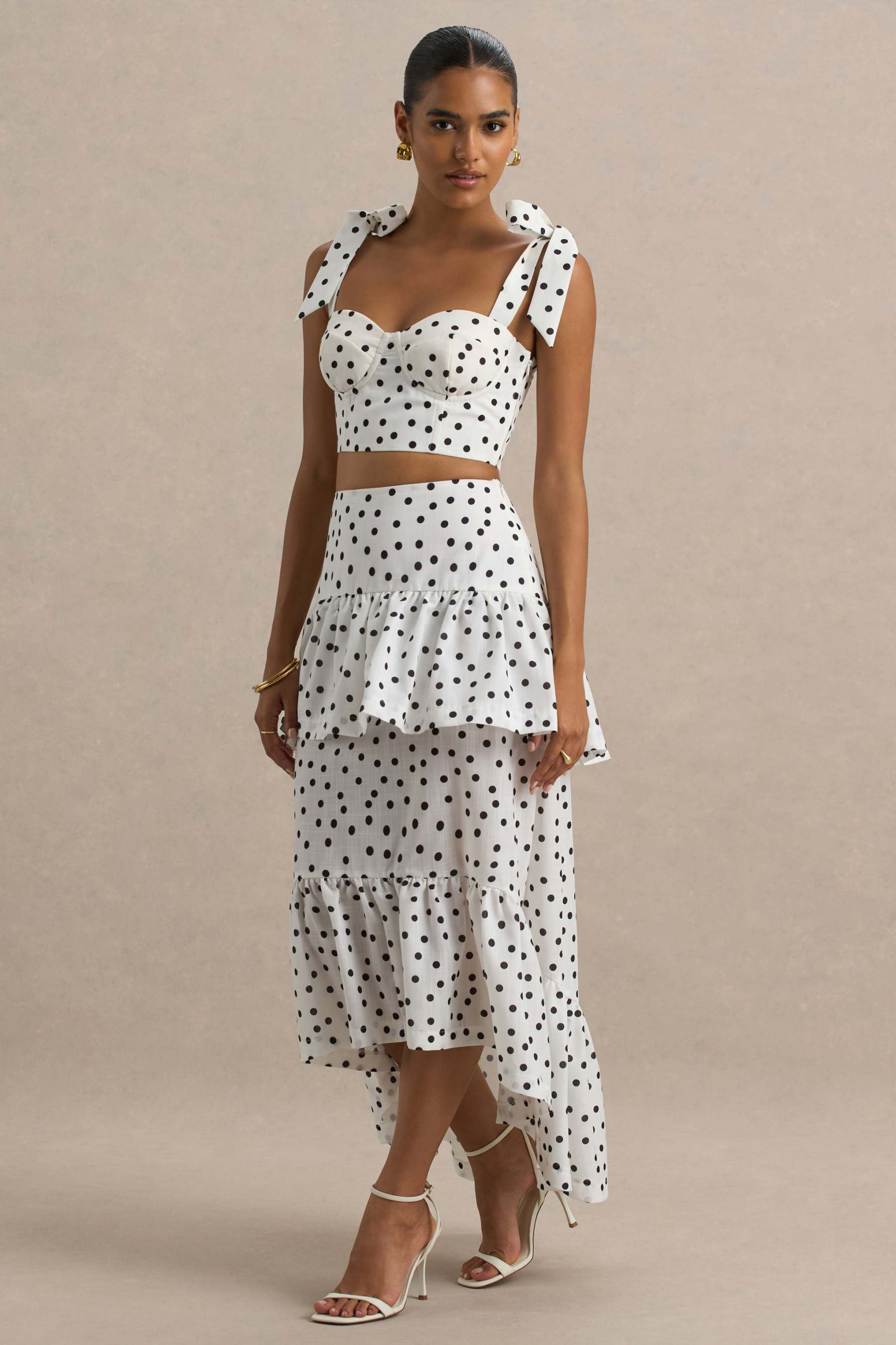 Emry | White Polka Dot High-Waist Maxi Skirt With Ruffle Detail
