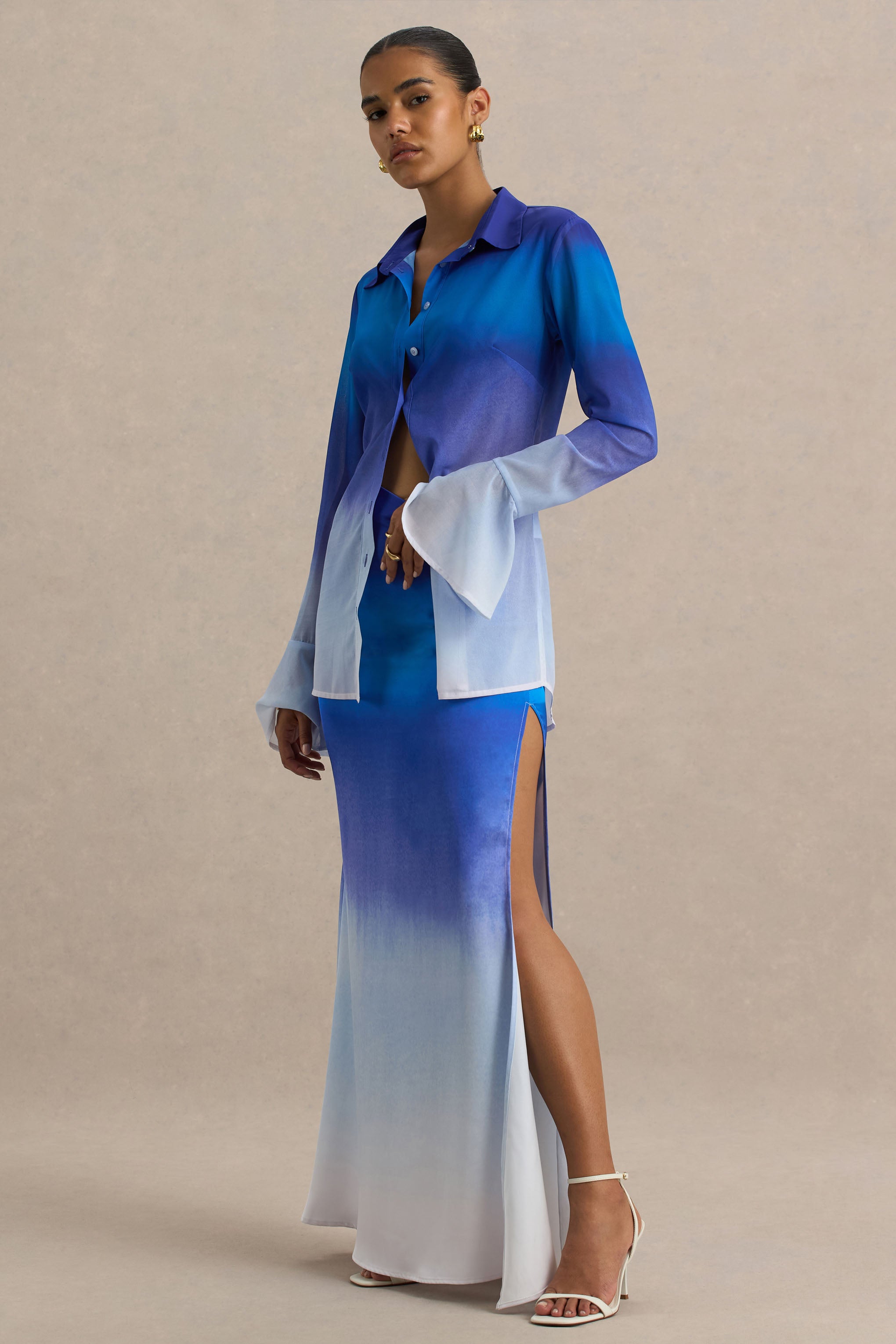 Serita | Blue Ombre Satin Split Maxi Skirt