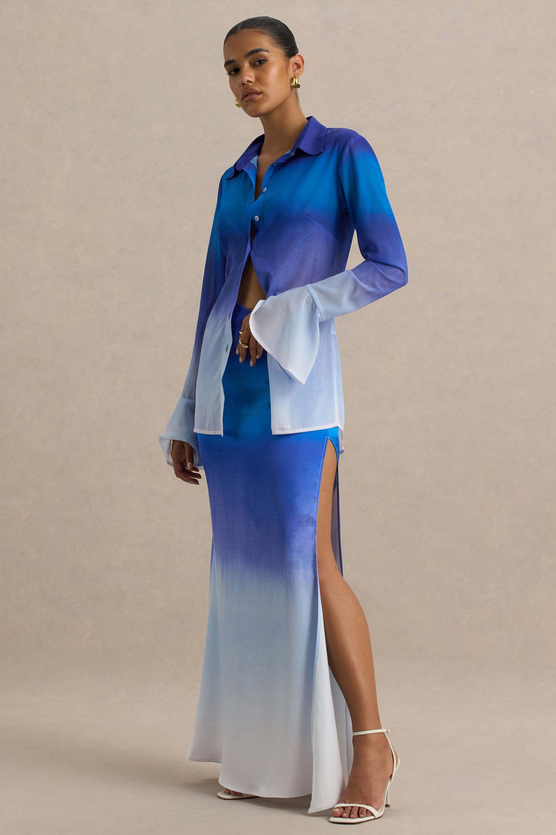Serita | Blue Ombre Satin Split Maxi Skirt