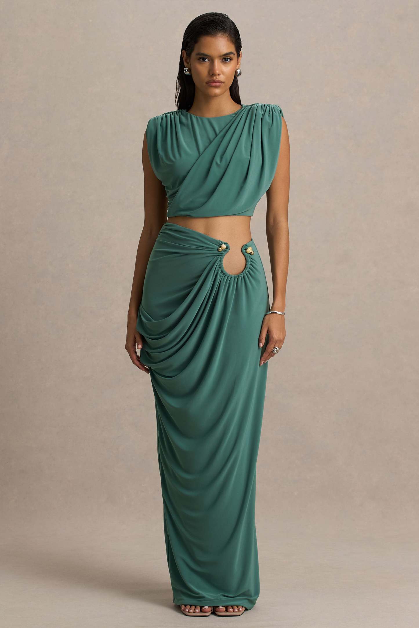 Avaline | Green Wrap Maxi Skirt With Ruched Detailing