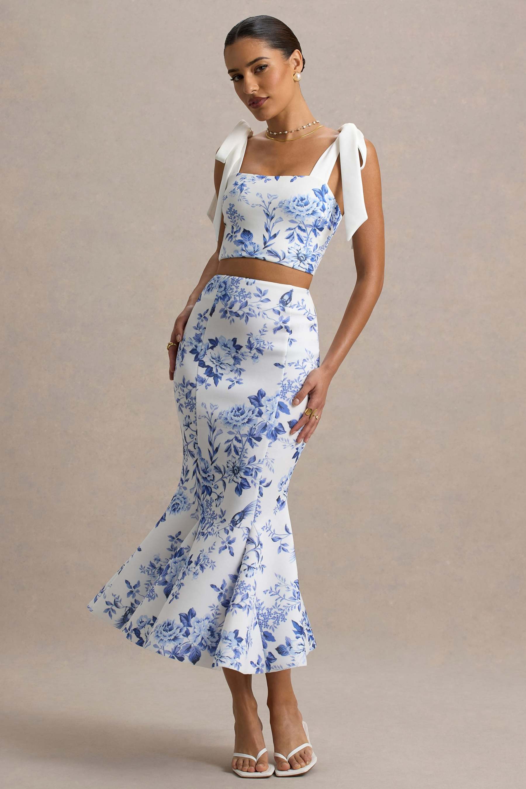 Amadea | Blue Porcelain Print Fishtail Midi Skirt