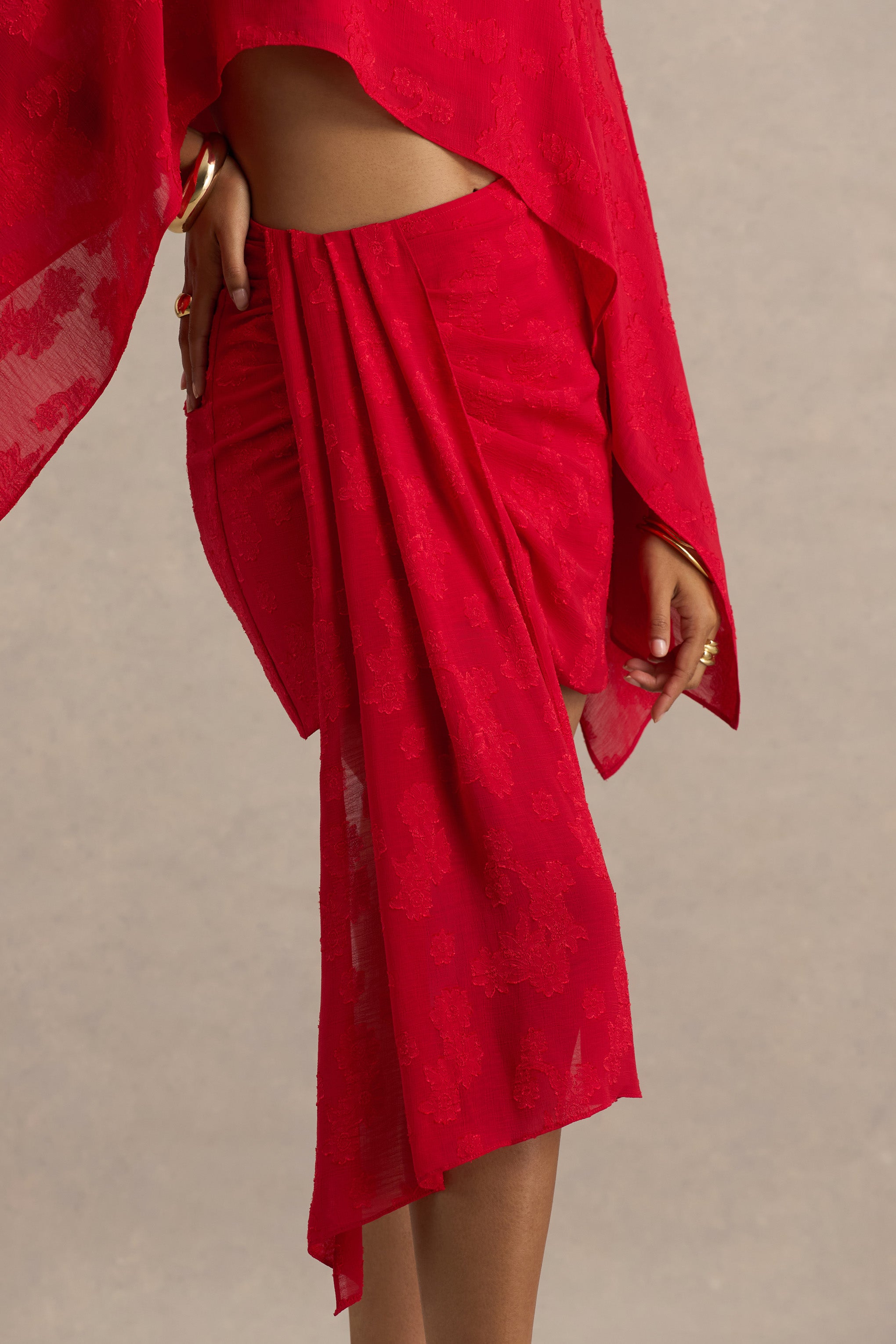  Red Satin Devore Wrap Mini Skirt With Sash Detail