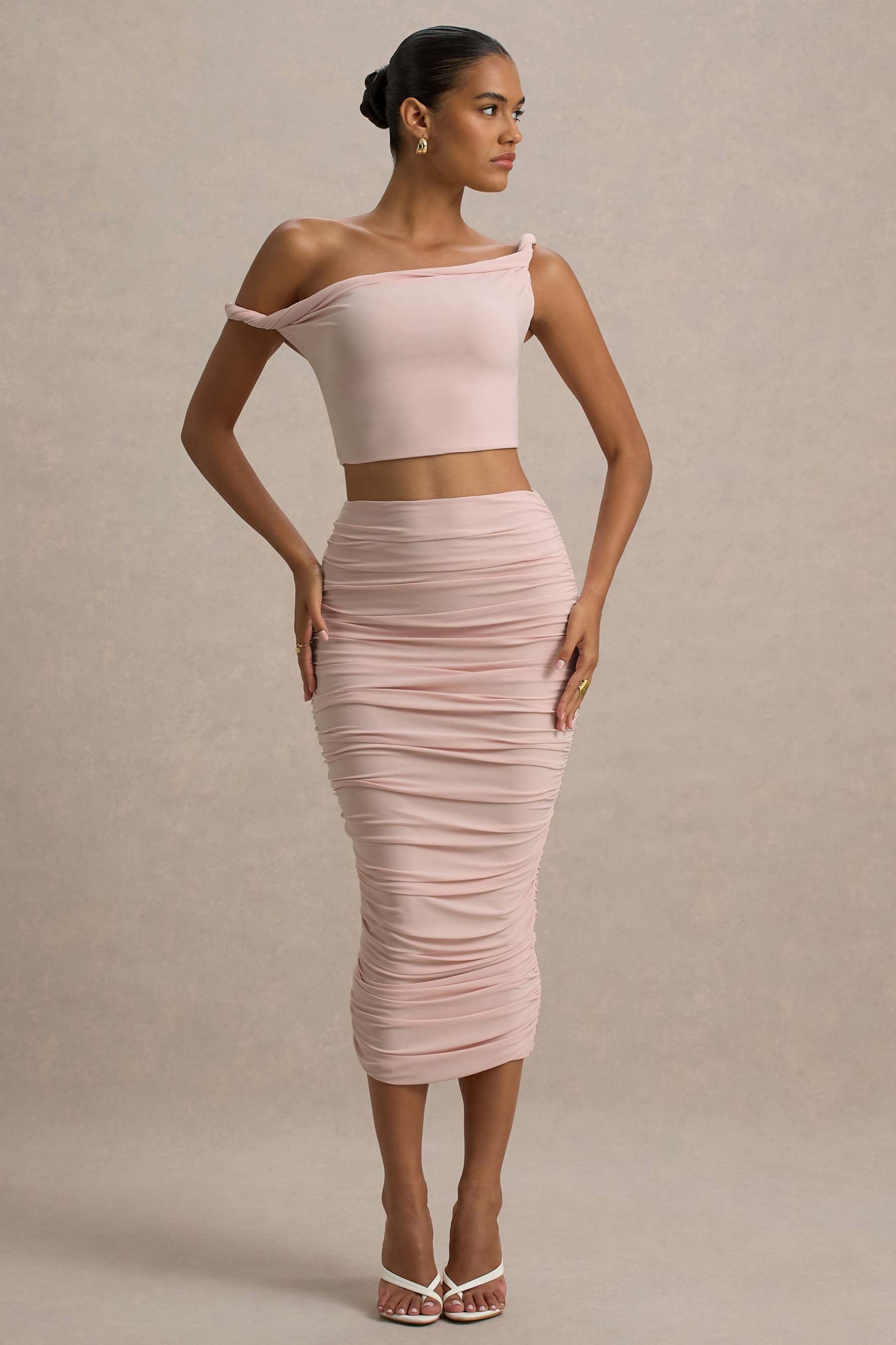 Lively | Light Pink Ruched Midi Skirt