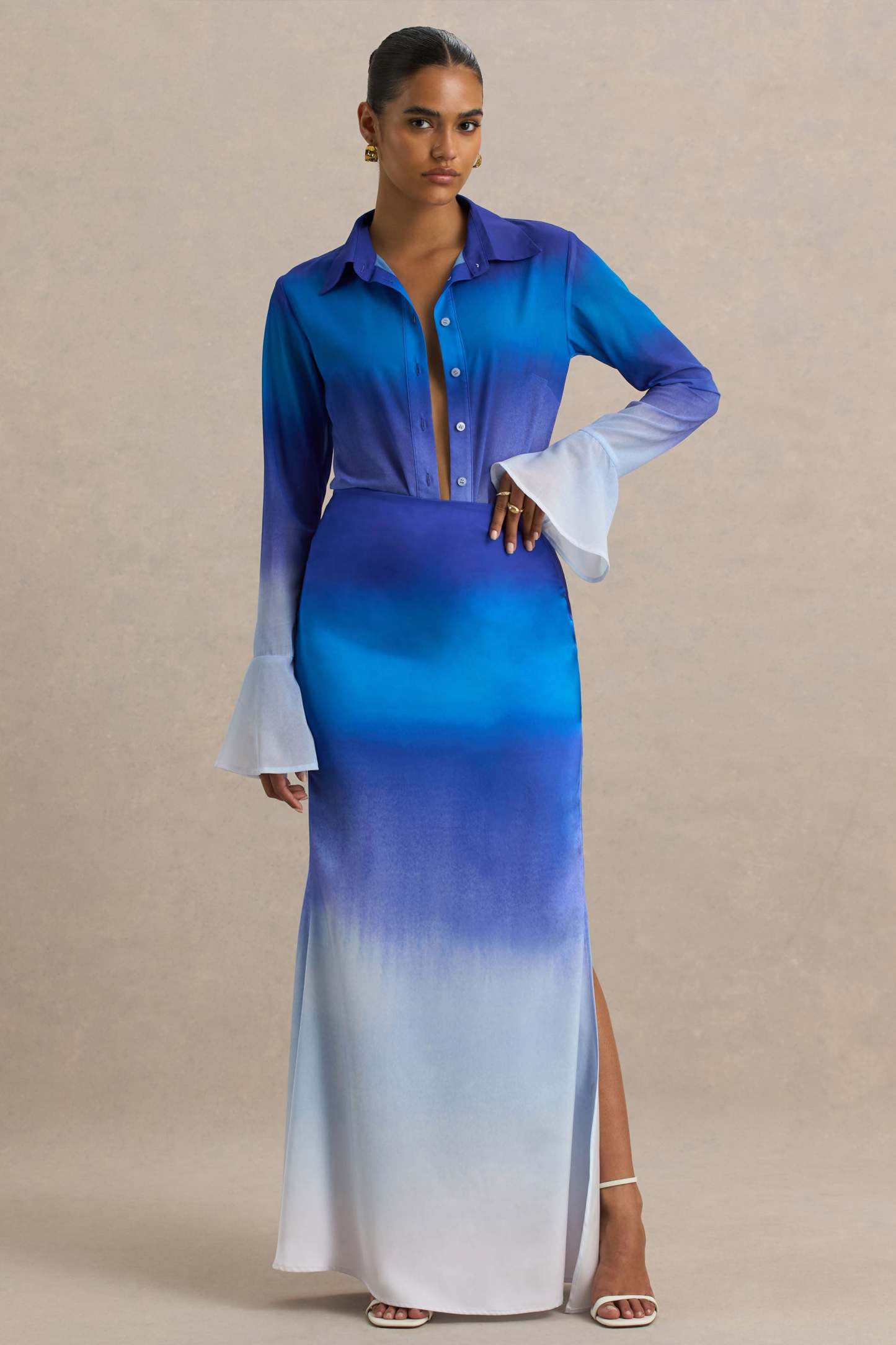 Serita | Blue Ombre Satin Split Maxi Skirt