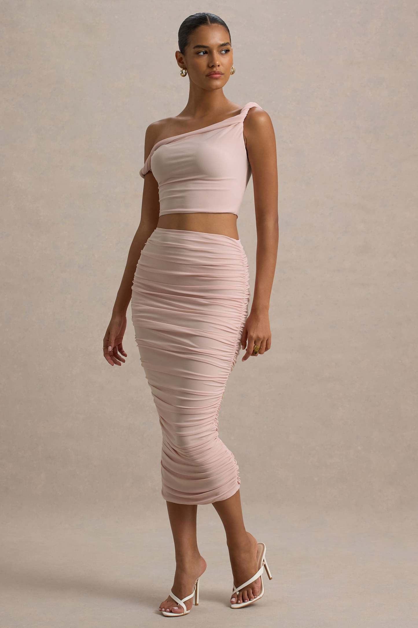 Lively | Light Pink Ruched Midi Skirt