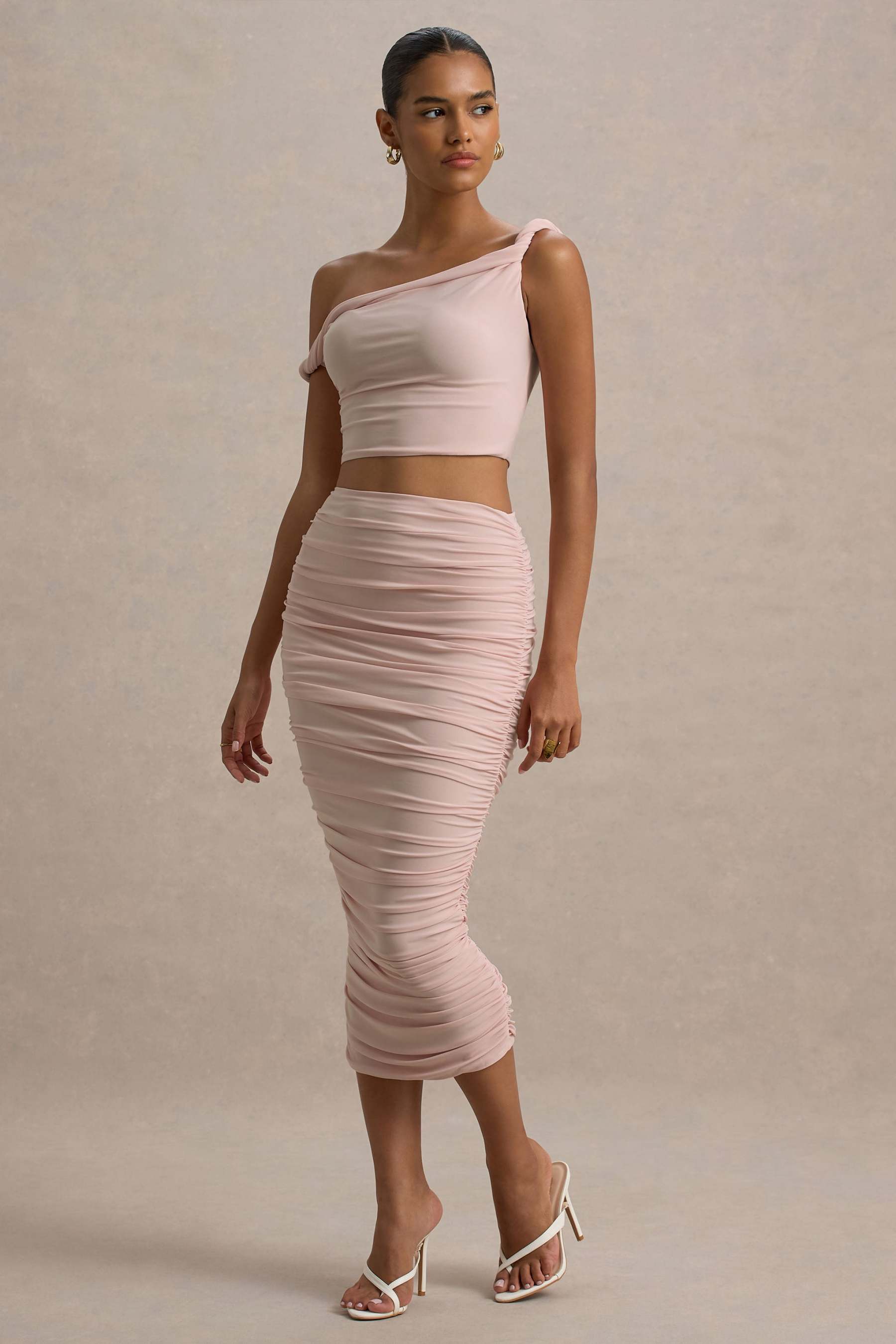 Lively | Light Pink Ruched Midi Skirt