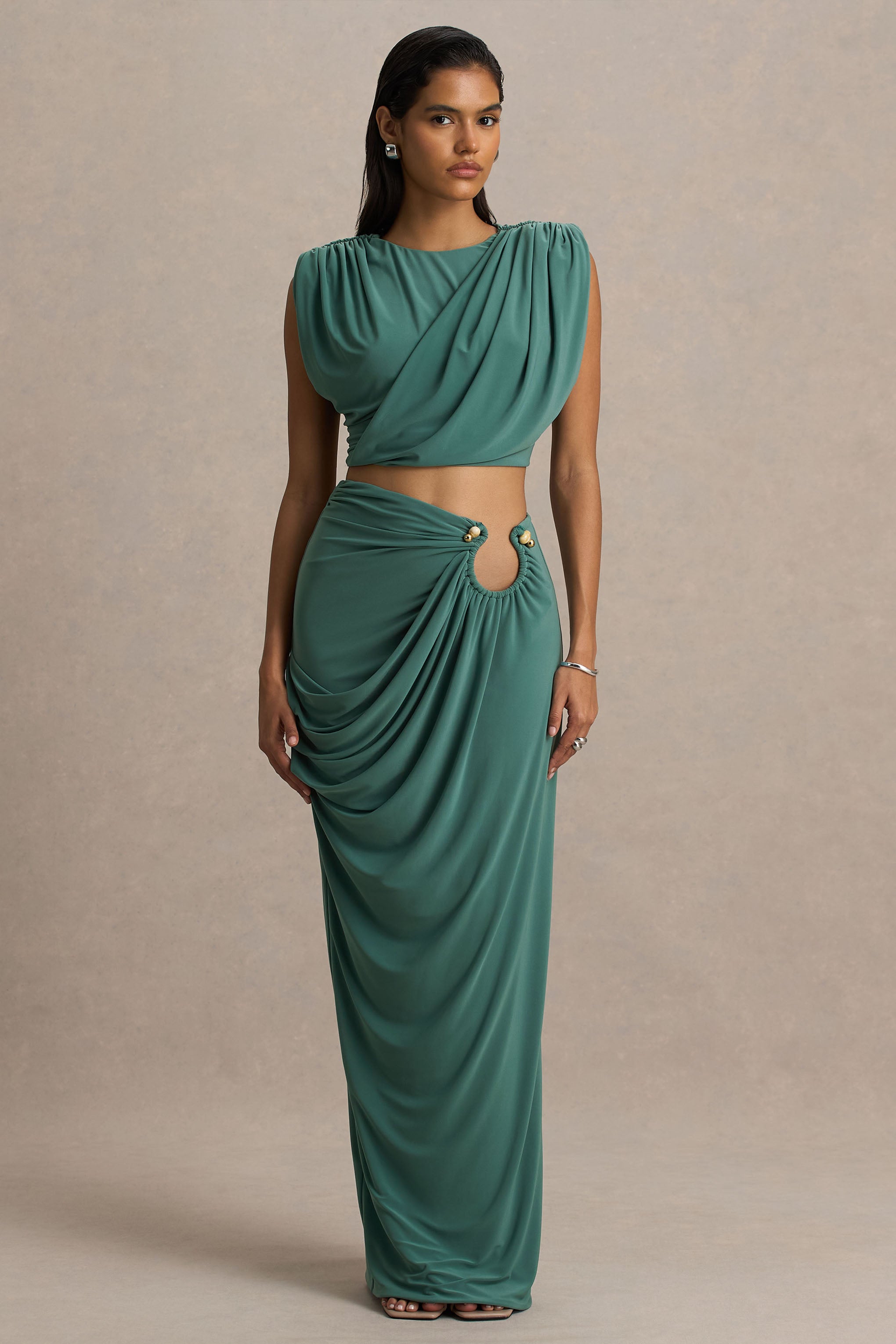 Avaline | Green Wrap Maxi Skirt With Ruched Detailing