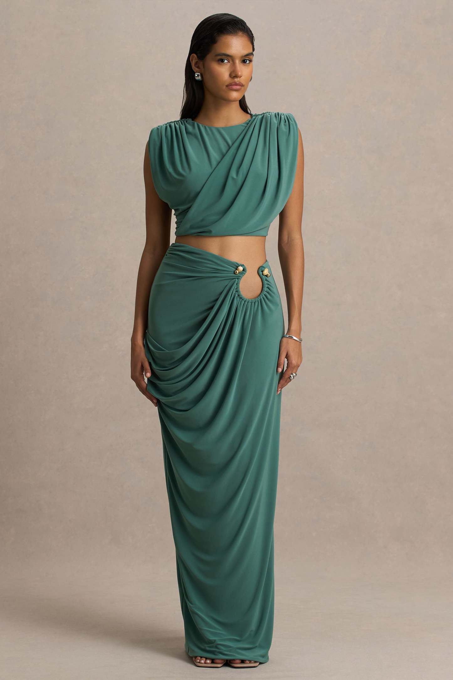 Avaline | Green Wrap Maxi Skirt With Ruched Detailing