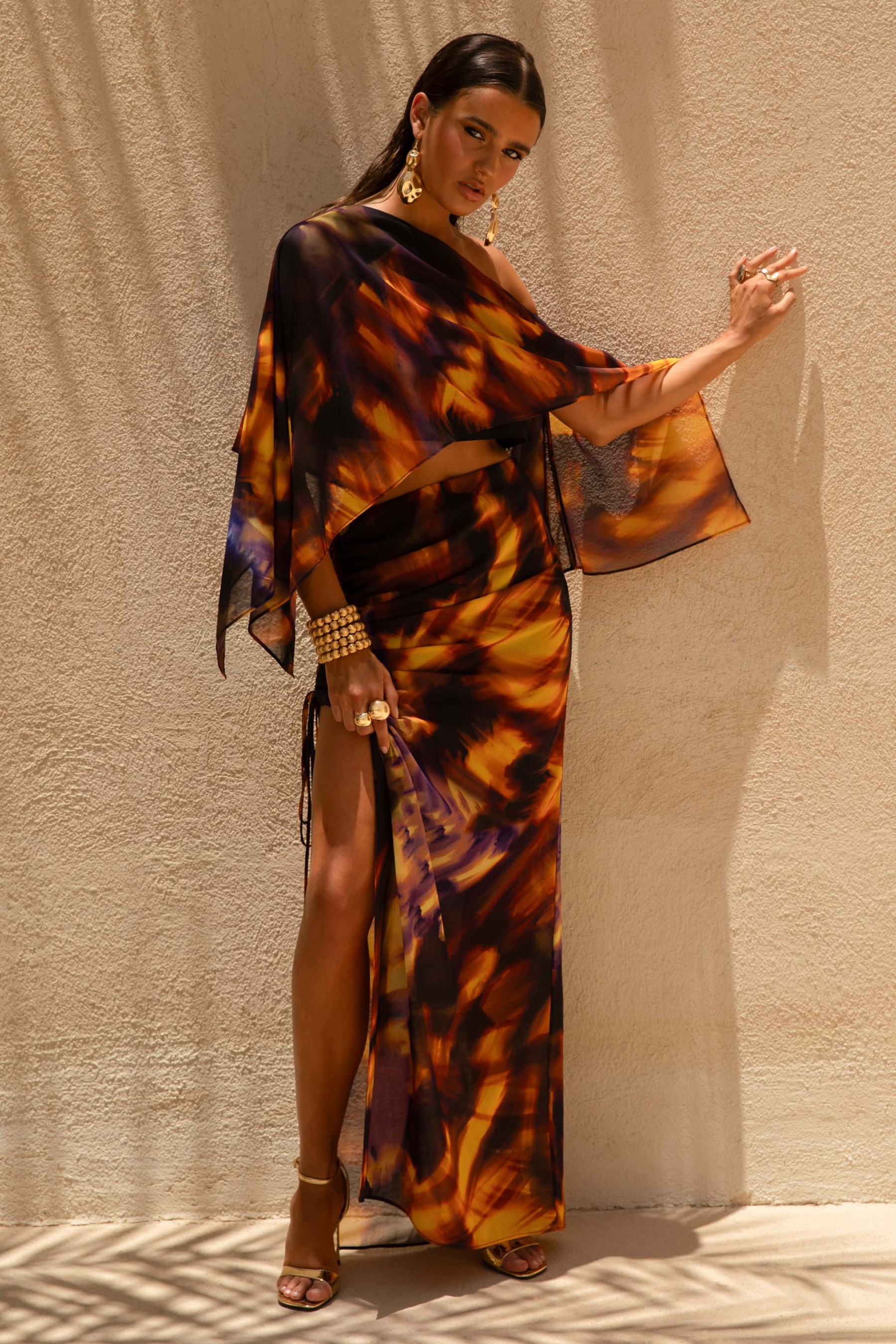 Smoke Print Asymmetric Maxi Skirt With Split