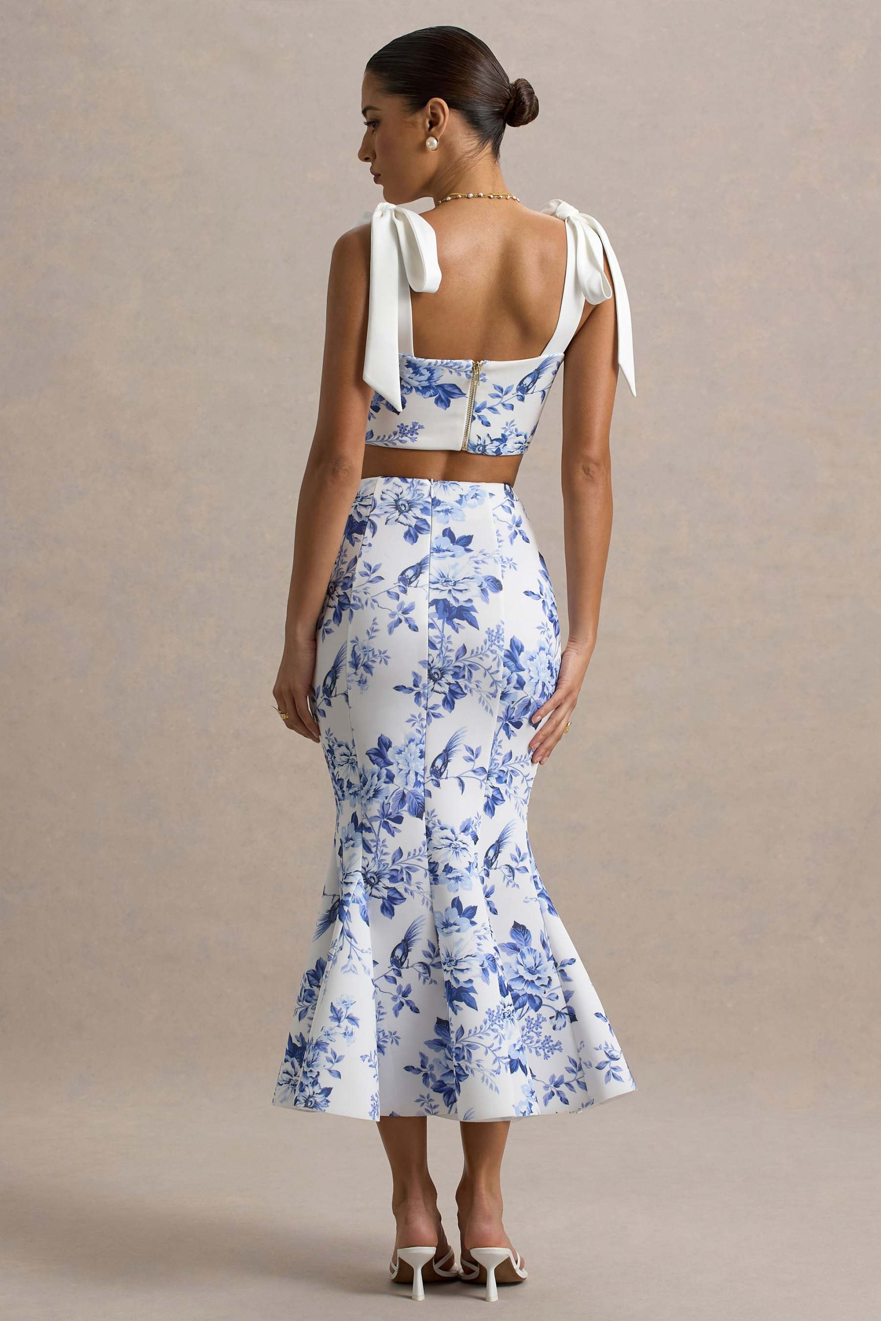 Amadea | Blue Porcelain Print Fishtail Midi Skirt