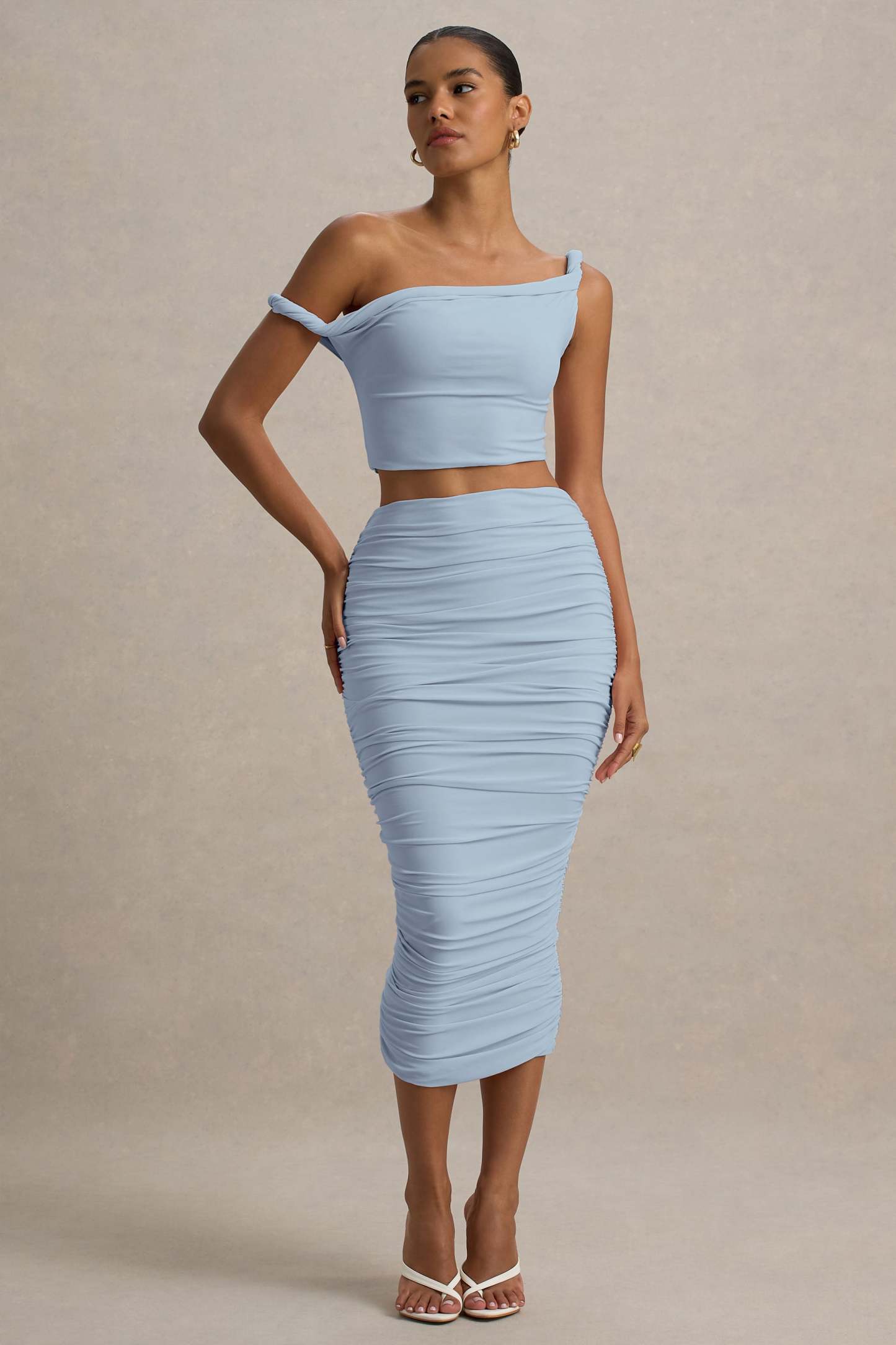 Lively | Powder Blue Ruched Midi Skirt