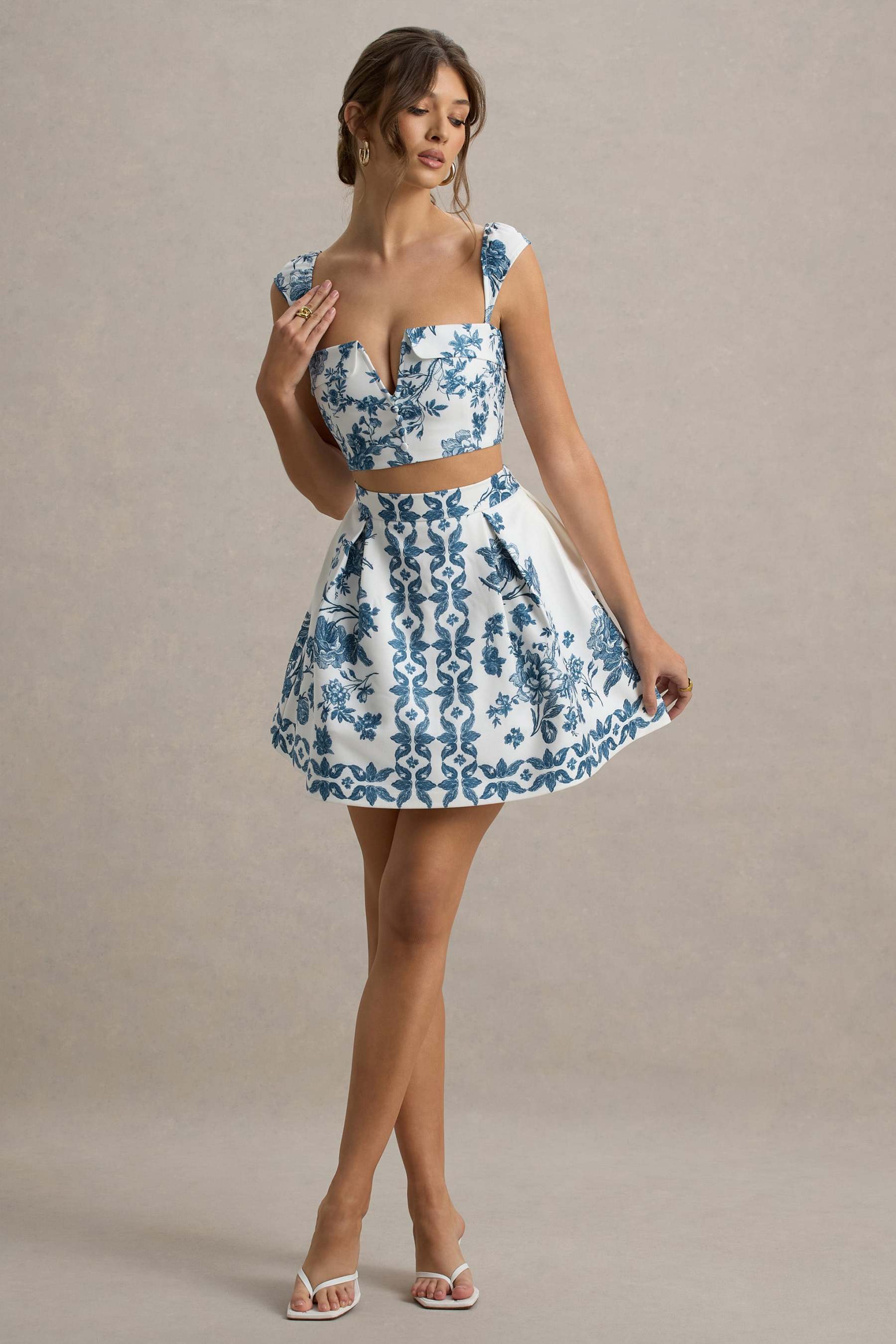 Blue Porcelain Print Skater Mini Skirt