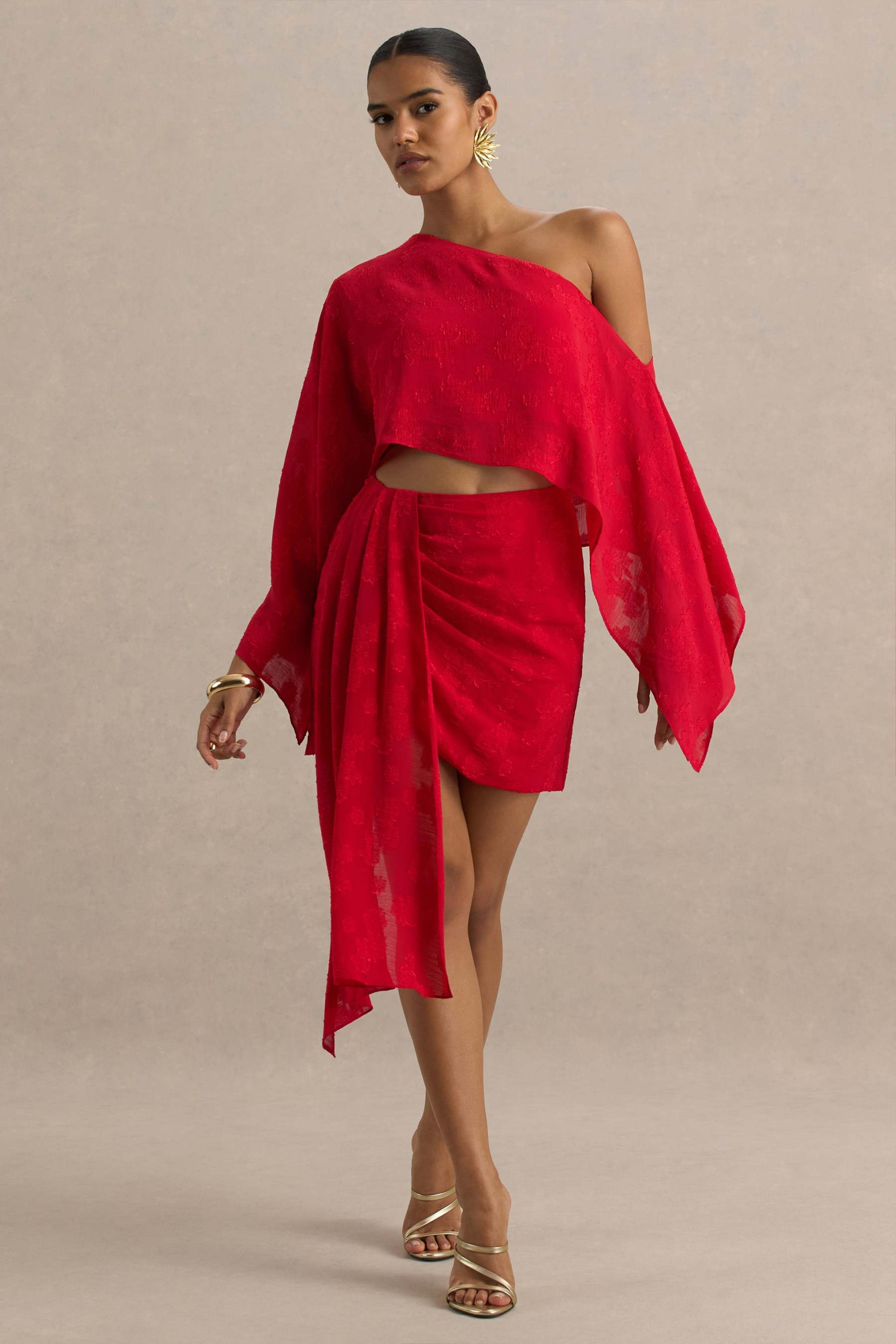  Red Satin Devore Wrap Mini Skirt With Sash Detail