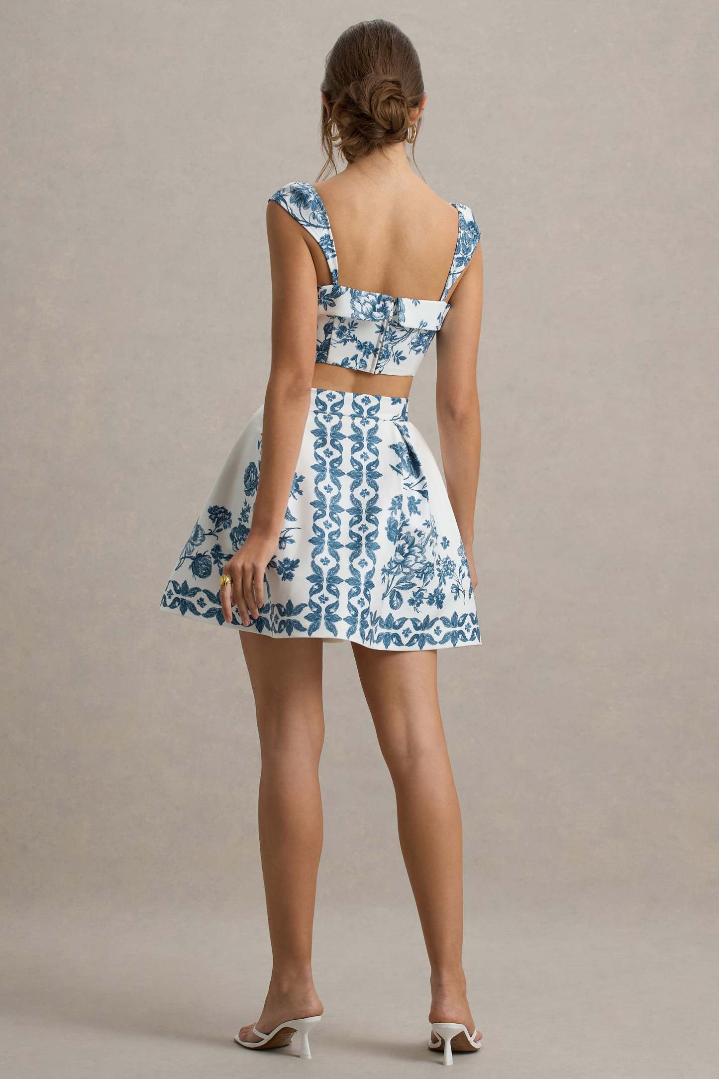  Blue Porcelain Print Skater Mini Skirt