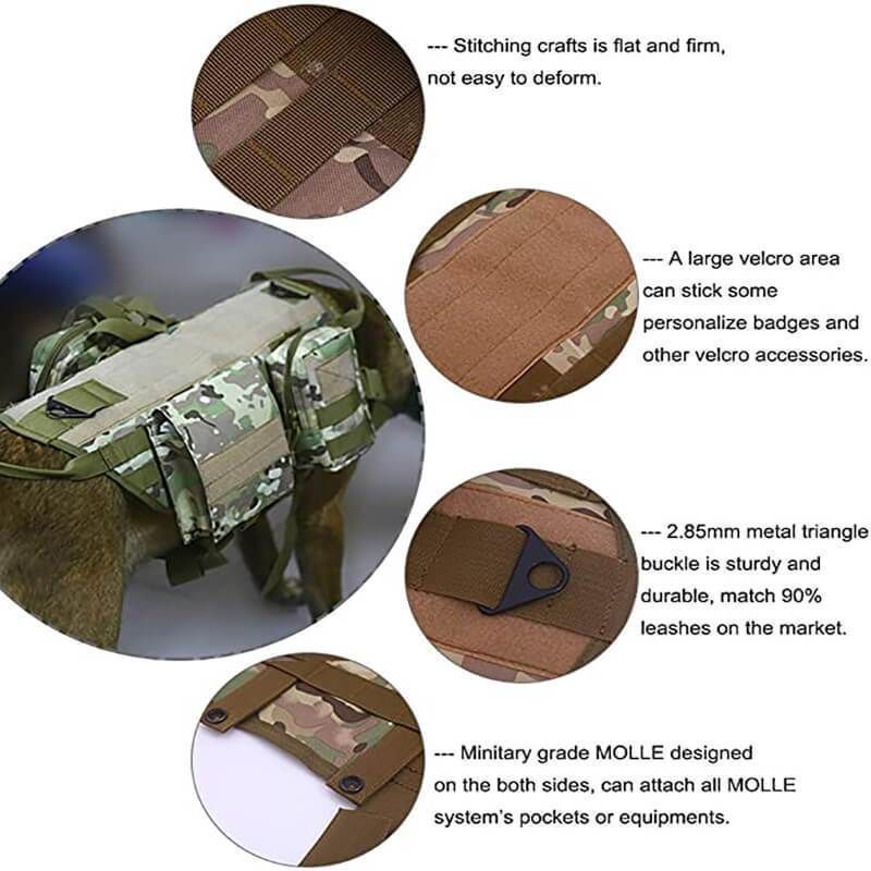 Outdoor Dog Harness Adjustable Military K9 Harness Vest with 3 Detachable Pouches