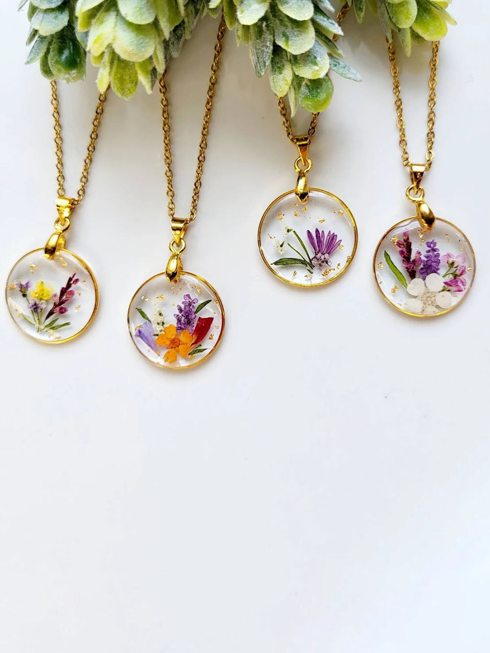 Handmade Flower Bouquet Pressed Resin Pendant Necklaces