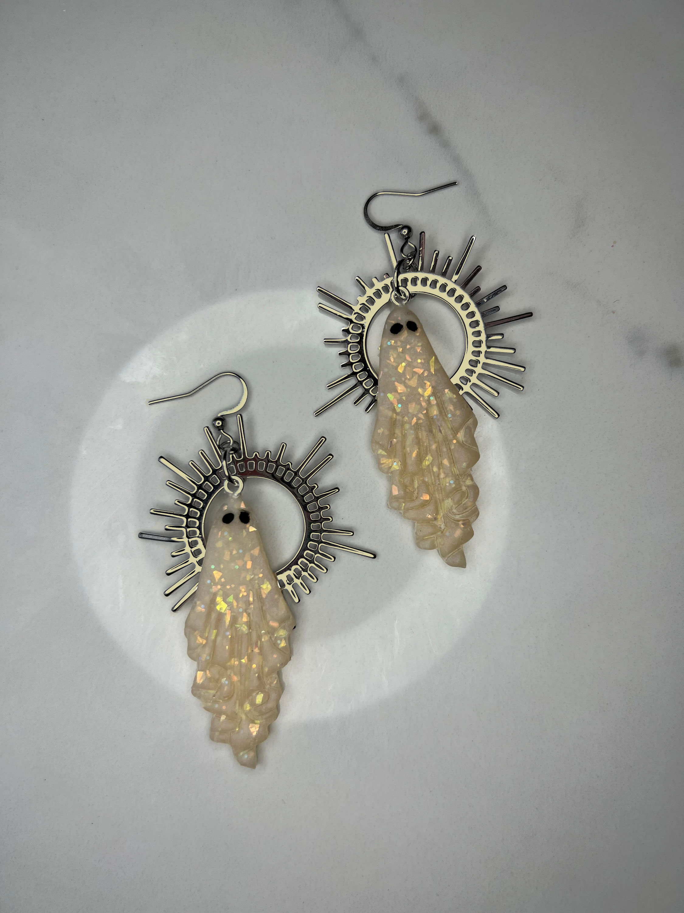 Gold and Opal Ghost Earrings - Elegant Halloween Accessory 