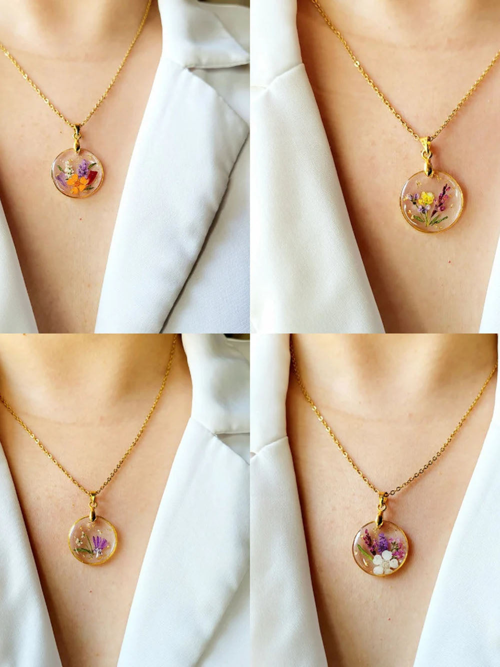 Handmade Flower Bouquet Pressed Resin Pendant Necklaces