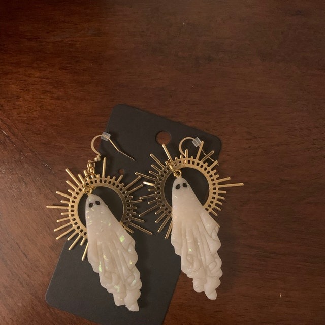 Gold and Opal Ghost Earrings - Elegant Halloween Accessory 