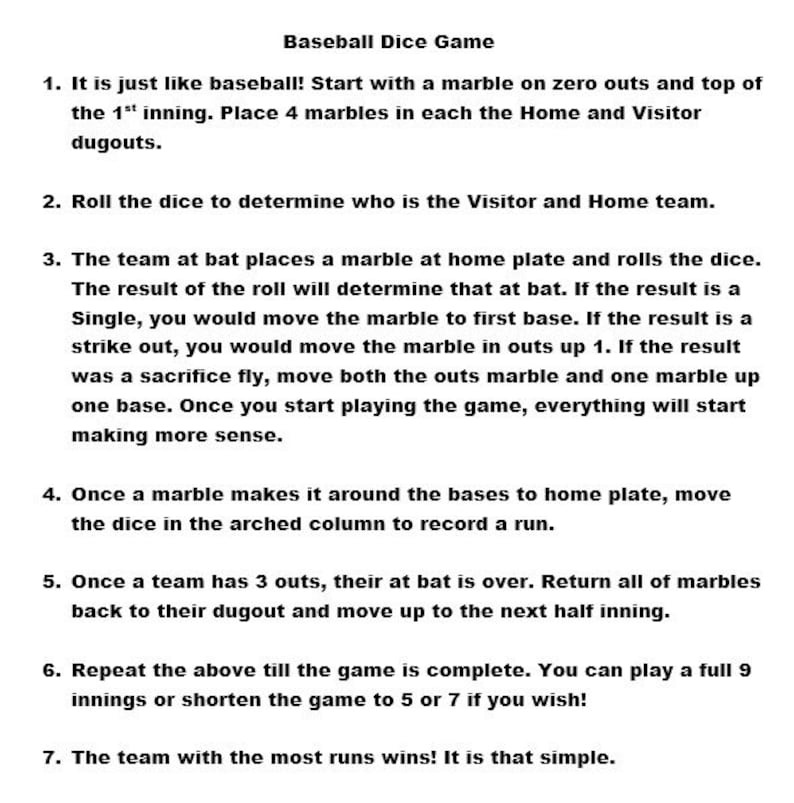 Baseball Dice Board Game