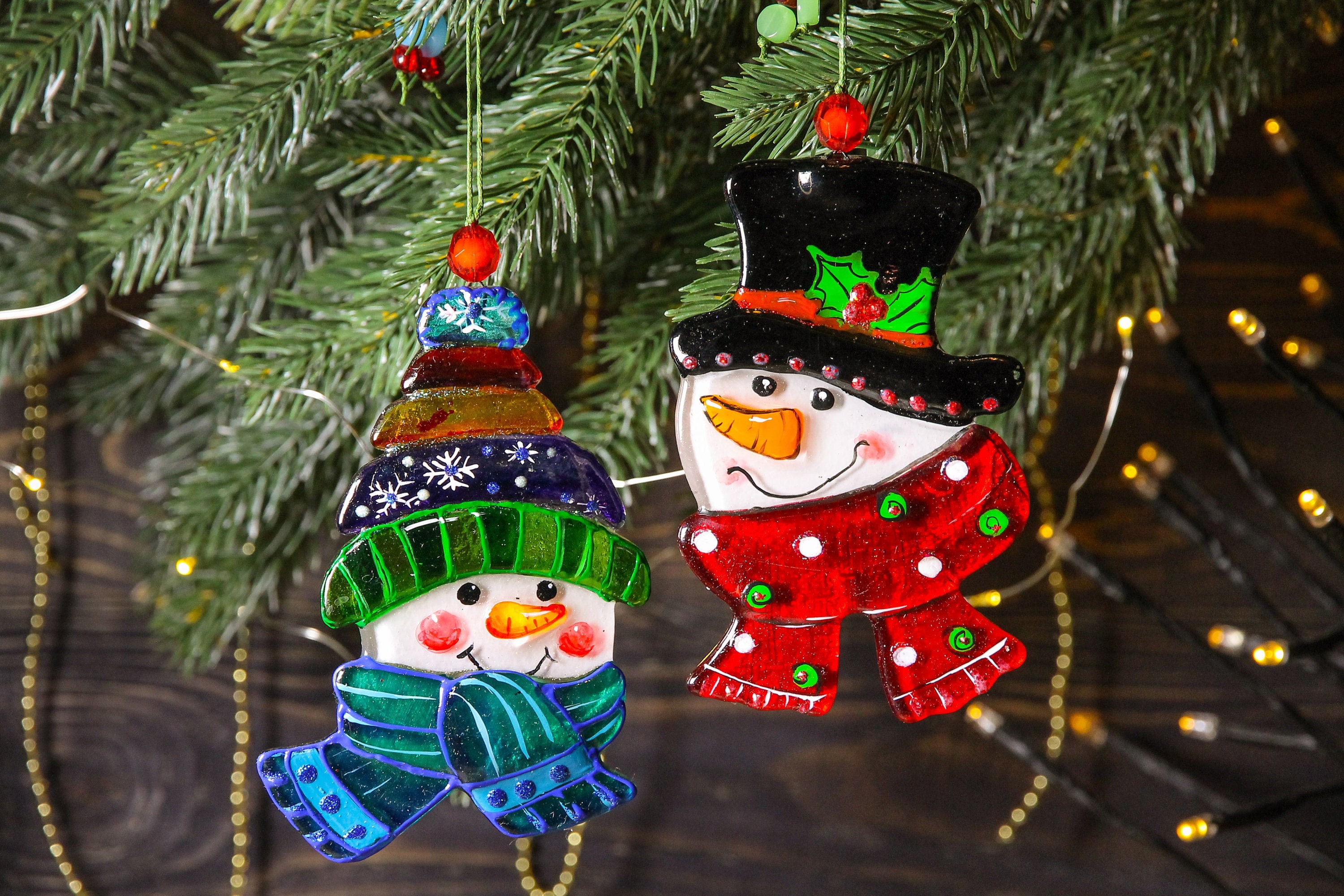✨Set of 2 Snowman Fused Glass Christmas Ornaments✨