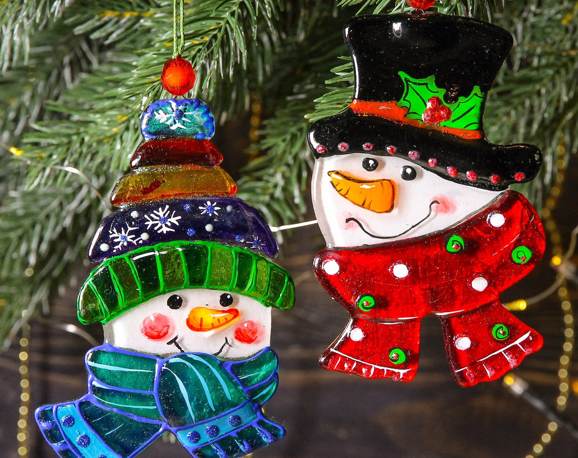 ✨Set of 2 Snowman Fused Glass Christmas Ornaments✨
