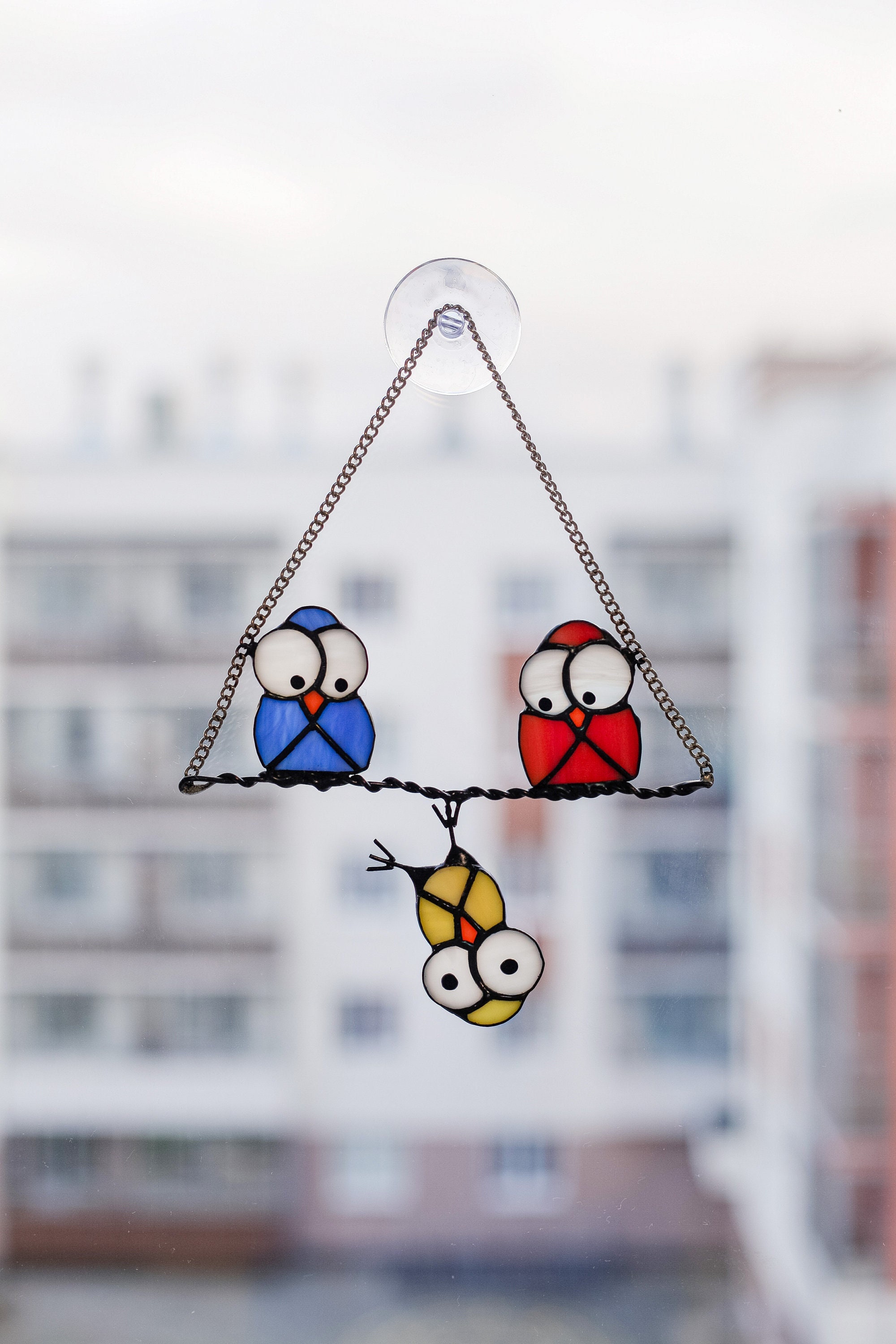 3 Cute and Funny Stained Glass Owls Suncatcher 