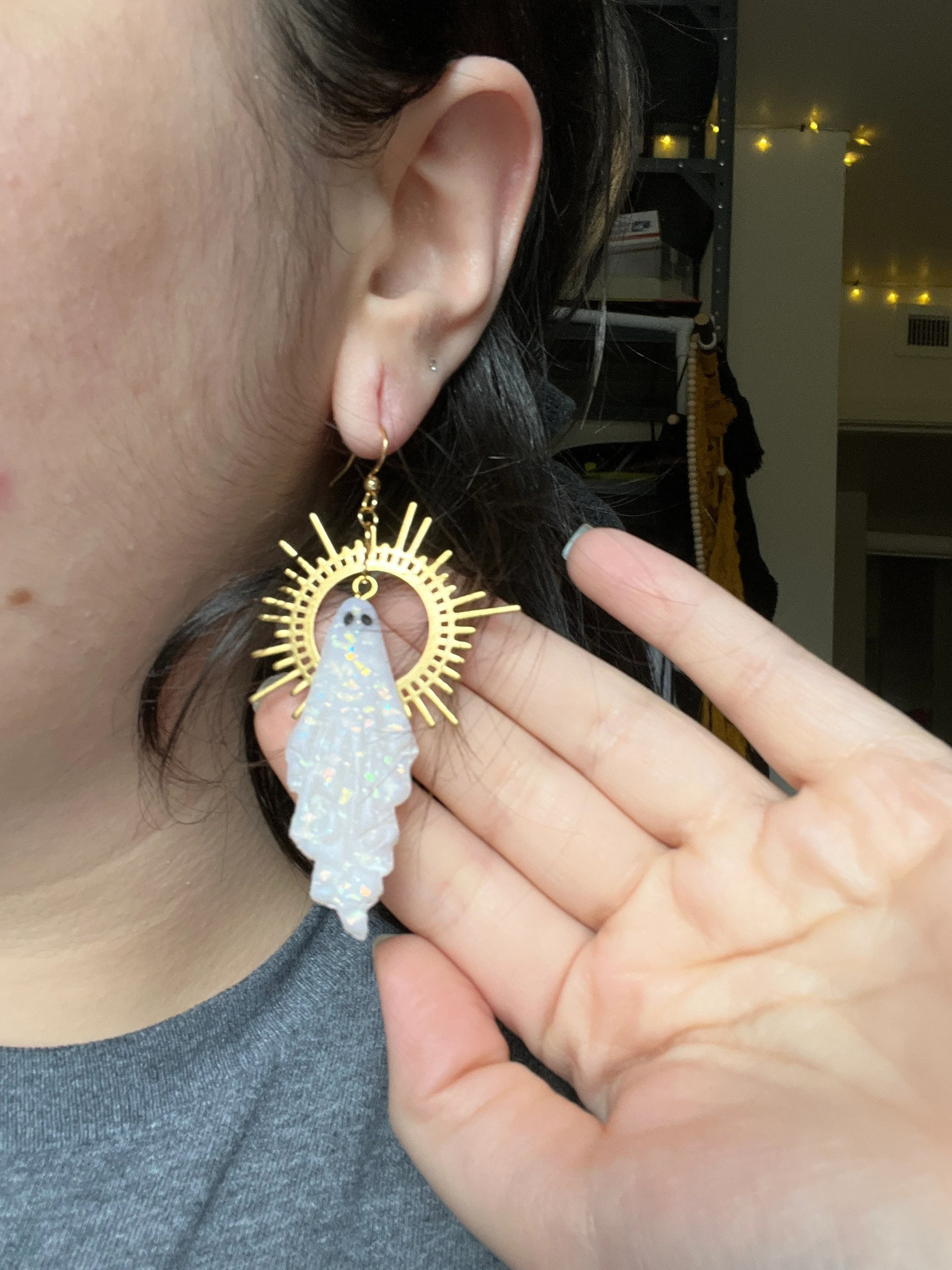 Gold and Opal Ghost Earrings - Elegant Halloween Accessory 