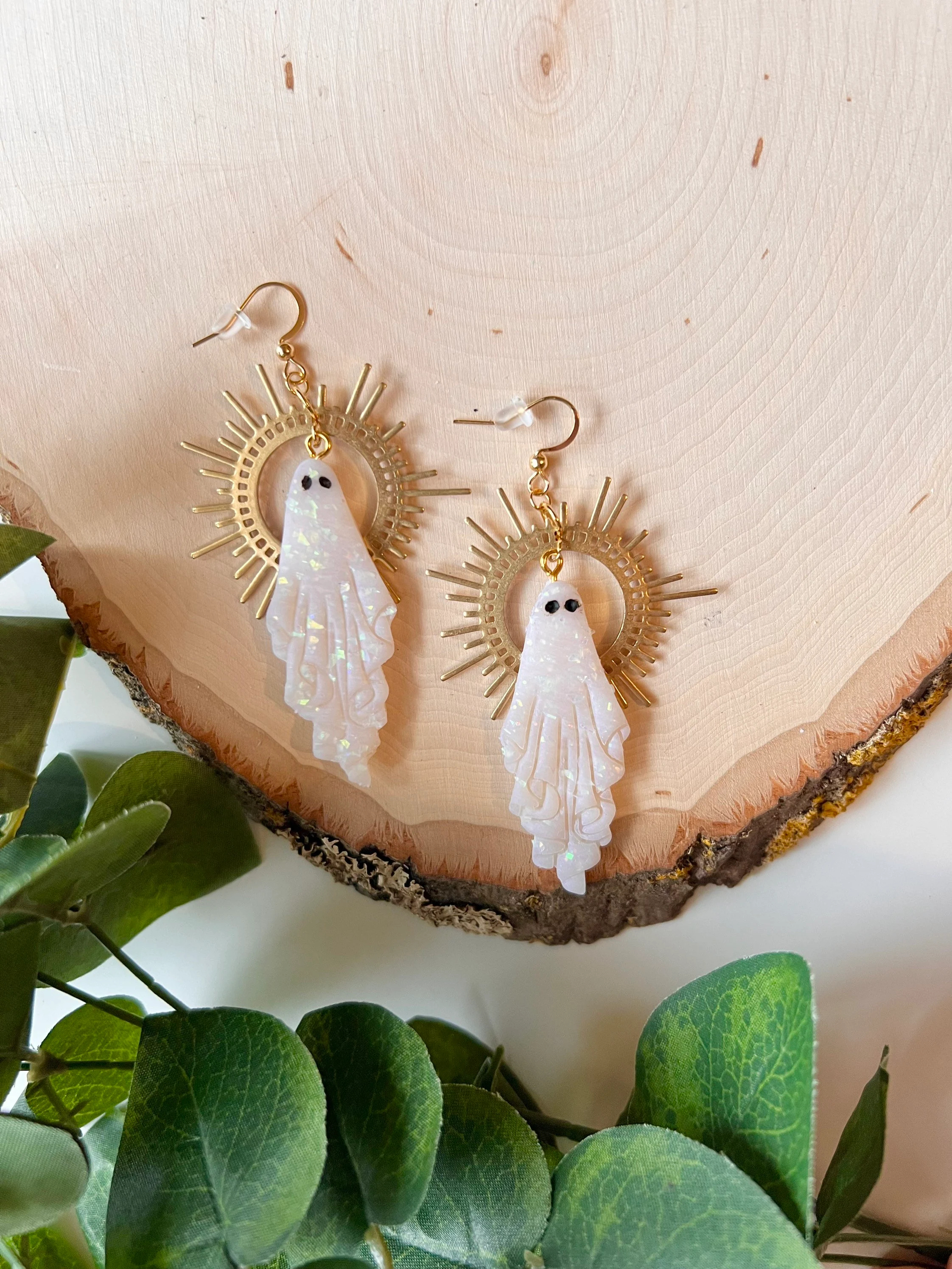 Gold and Opal Ghost Earrings - Elegant Halloween Accessory 
